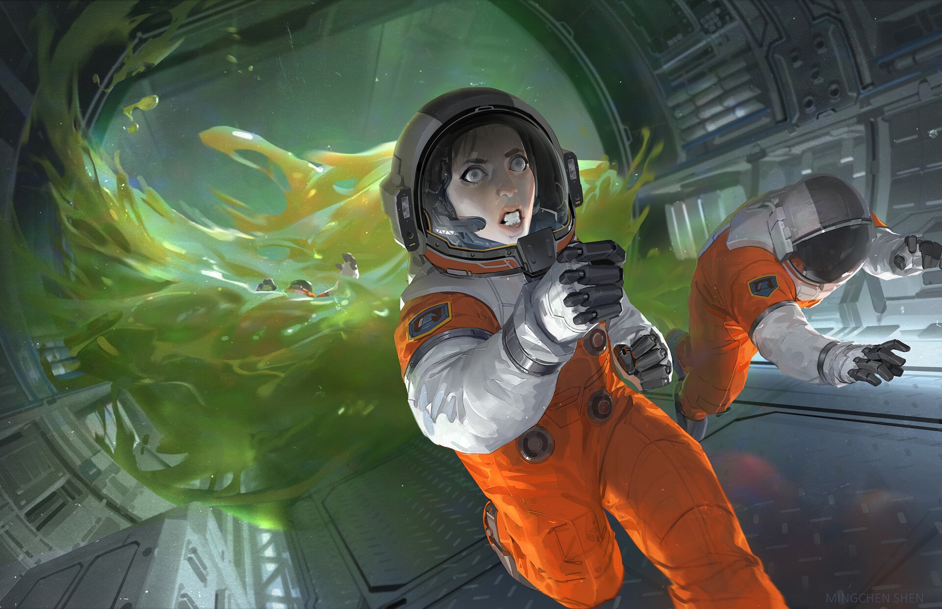 Astronauts encountering a green slime in a spaceship HD Wallpaper