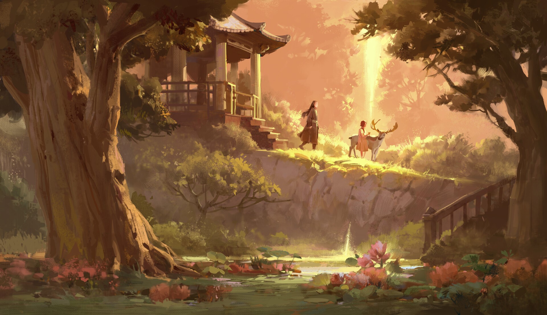 Fantasy art of a shrine with people and a deer HD Wallpaper