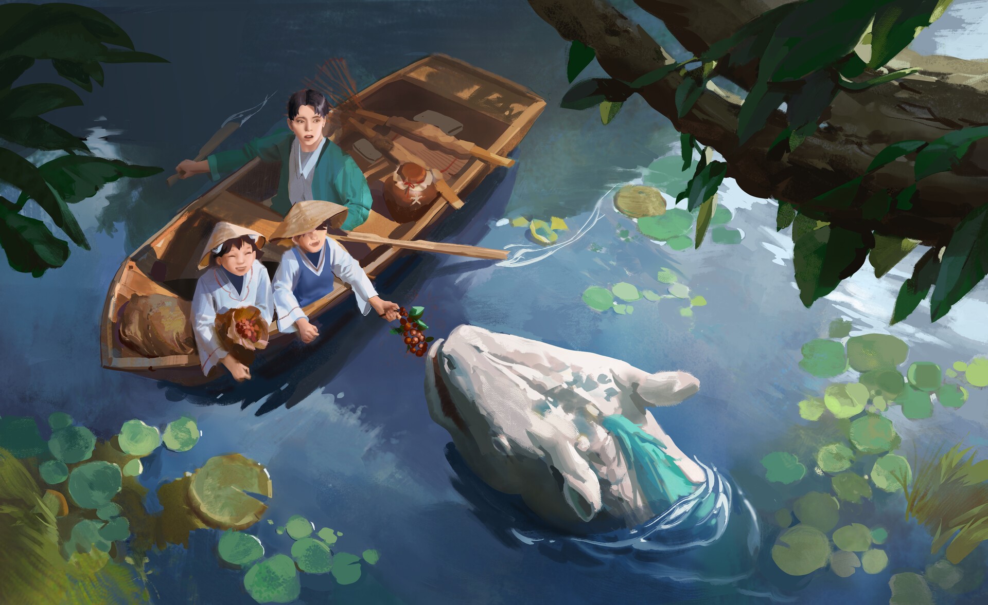 Children feeding berries to a mythical creature from a boat HD Wallpaper