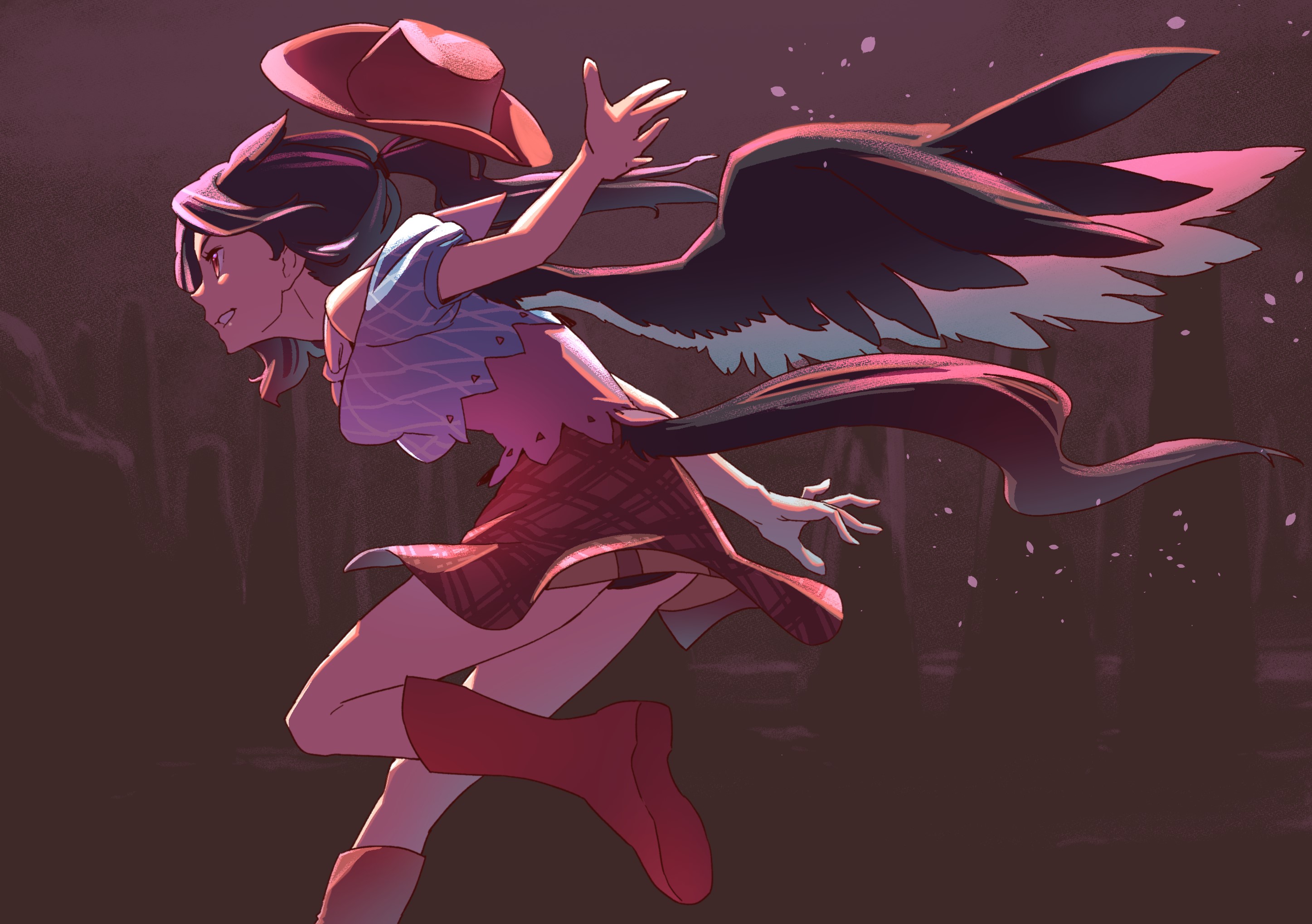 Anime girl with wings and cowboy hat running HD Wallpaper