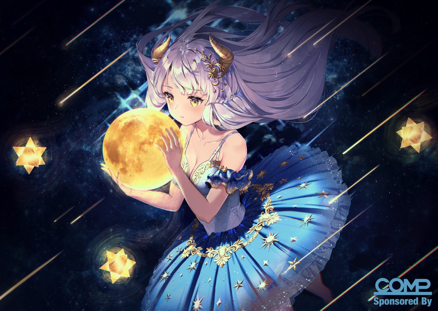 Anime girl with horns holding the moon HD Wallpaper