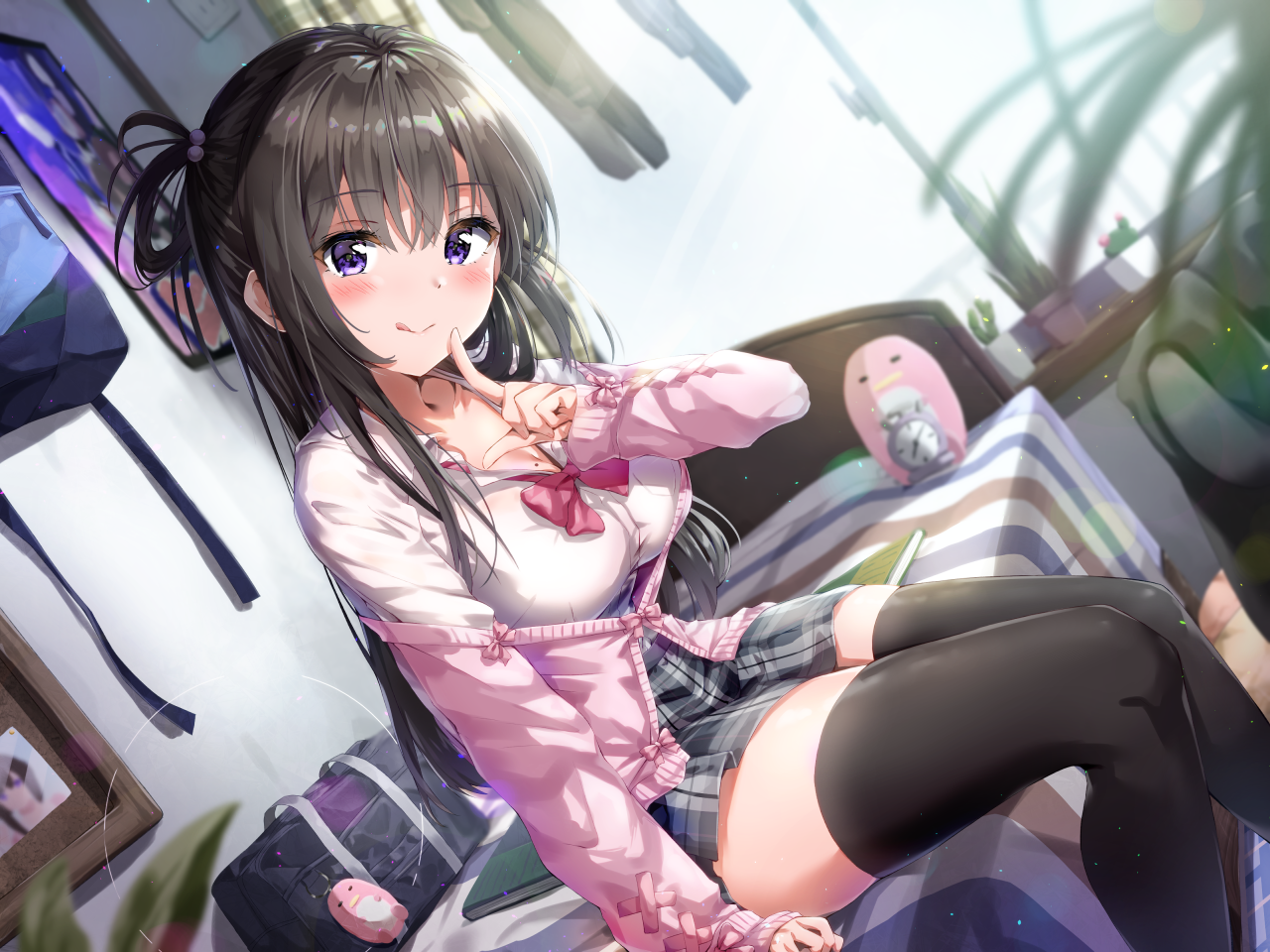 Anime girl with violet eyes and tongue out HD Wallpaper