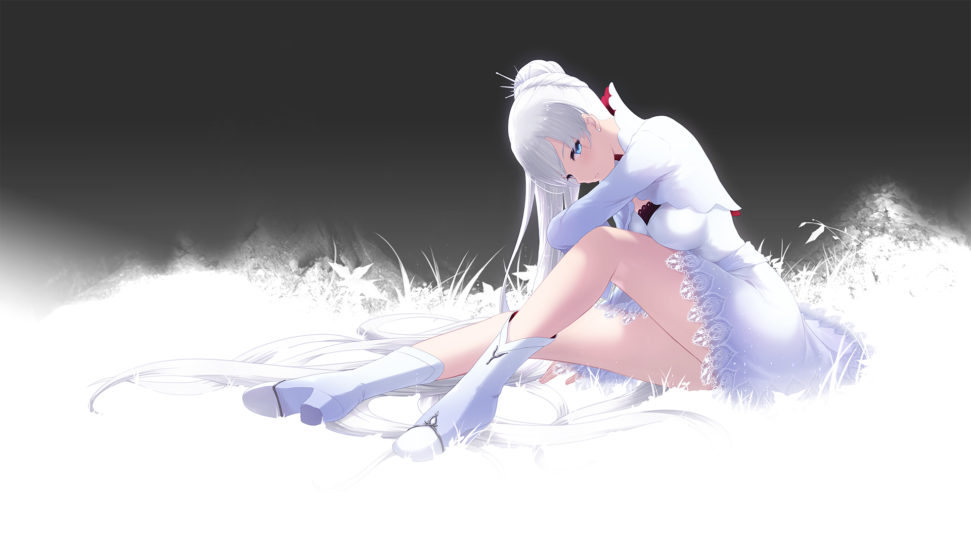 Weiss Schnee from RWBY sitting in a snowy field HD Wallpaper