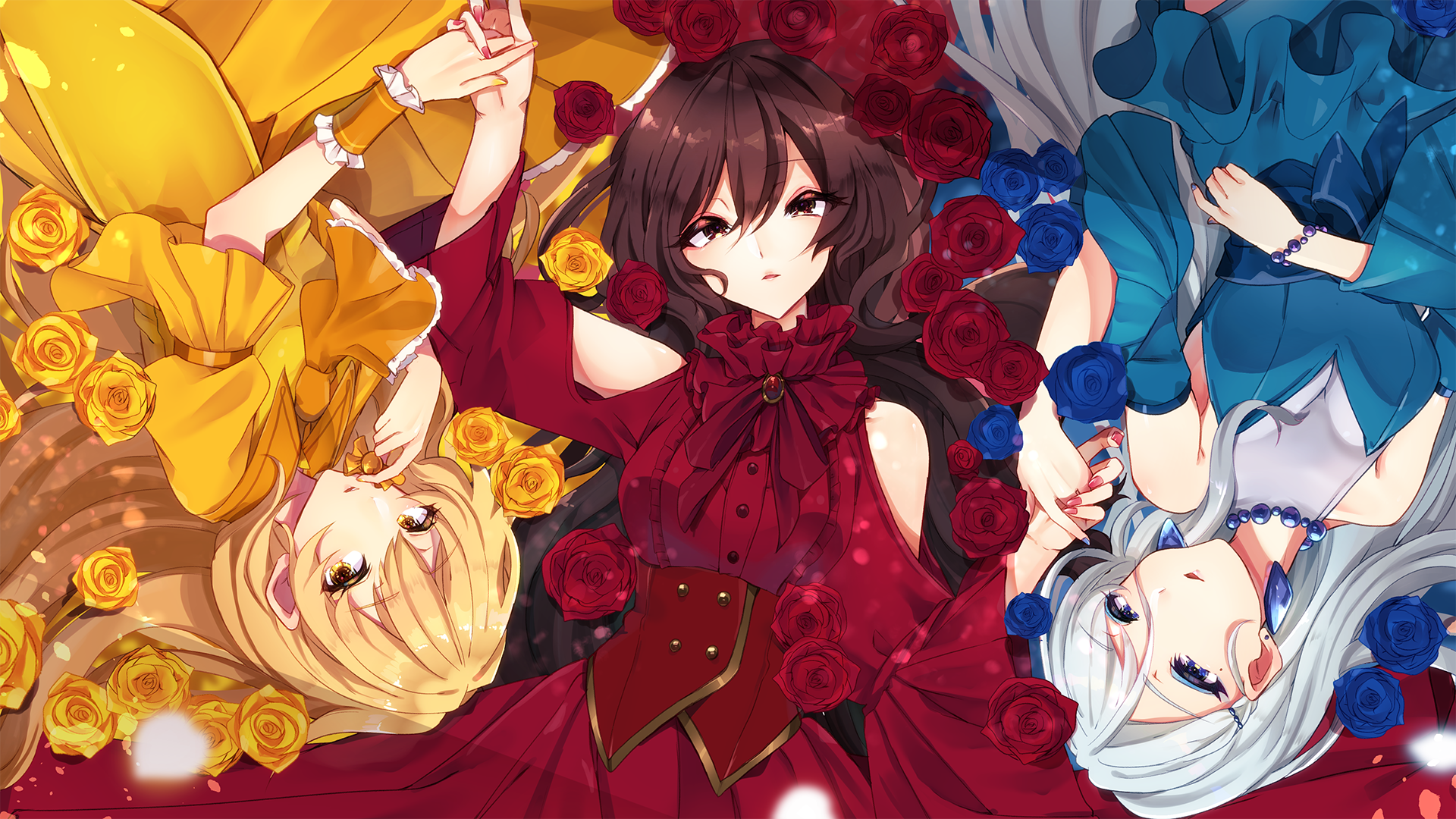 Three anime girls with roses HD Wallpaper