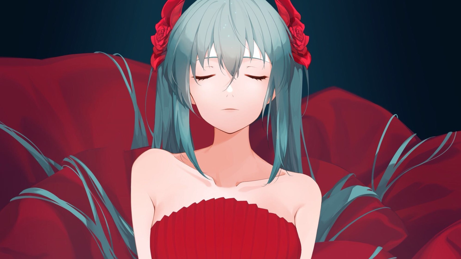 Hatsune Miku from Vocaloid with closed eyes HD Wallpaper