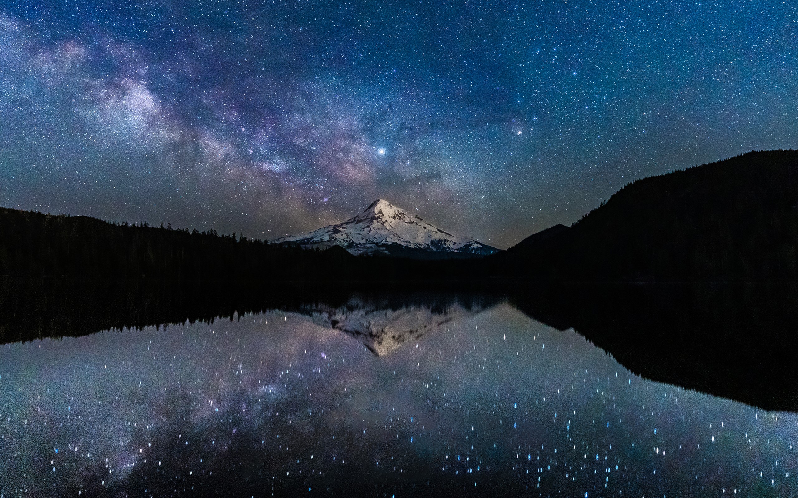 Milky Way over snow-capped mountain reflected in lake HD Wallpaper