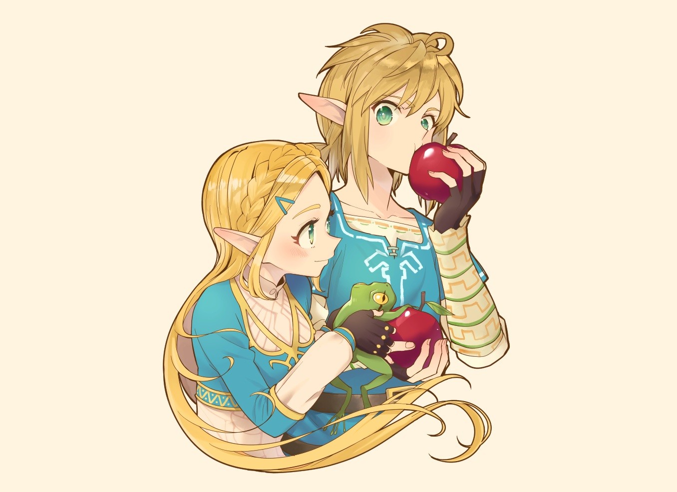 Link and Zelda from The Legend of Zelda holding apples and a frog HD Wallpaper