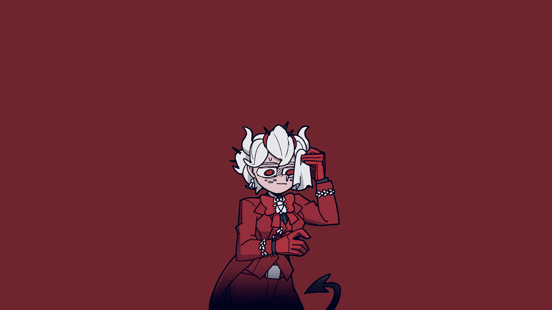 Demon girl in red suit with white hair and red eyes HD Wallpaper