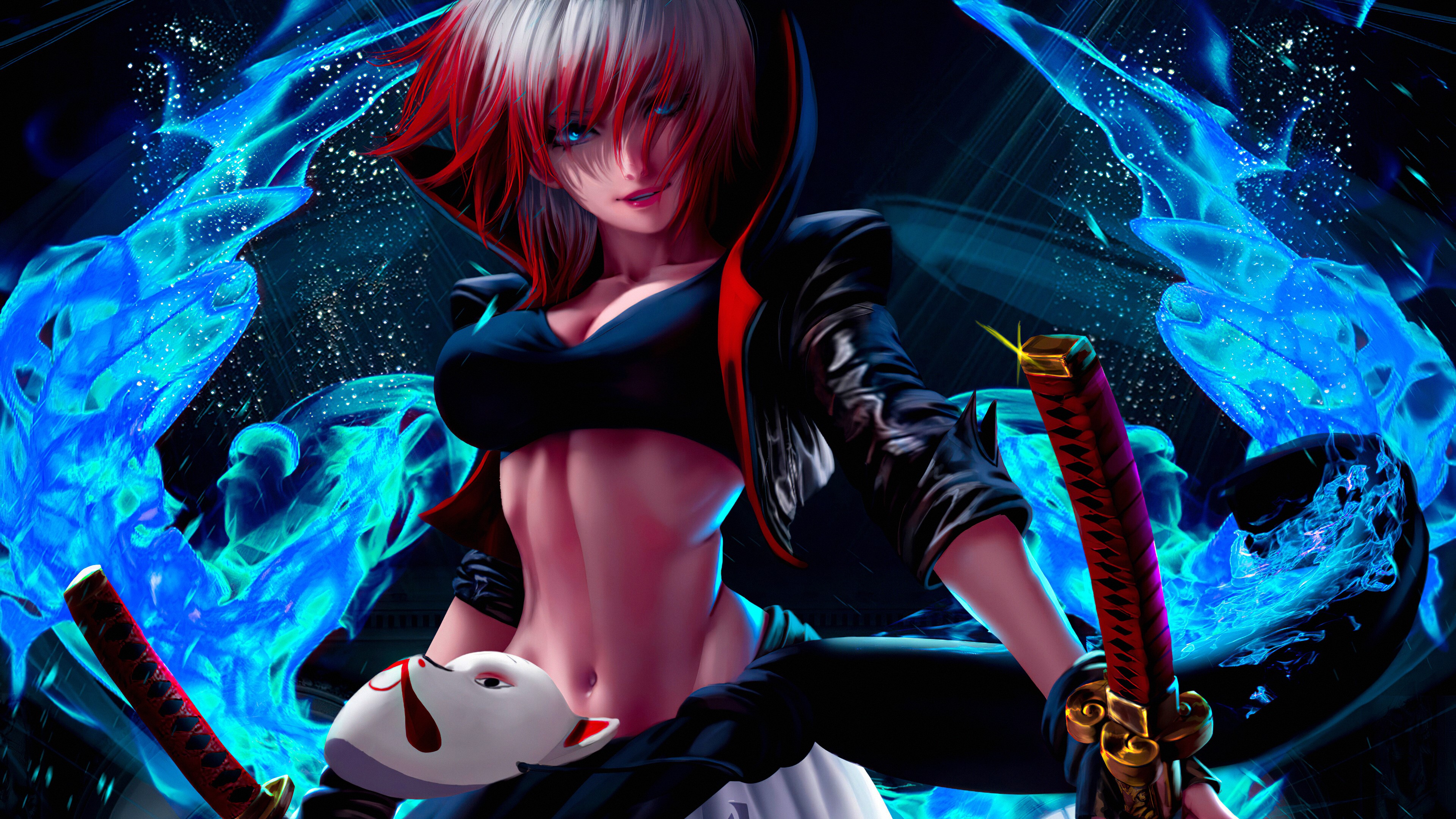 Anime girl with katana and blue fire HD Wallpaper