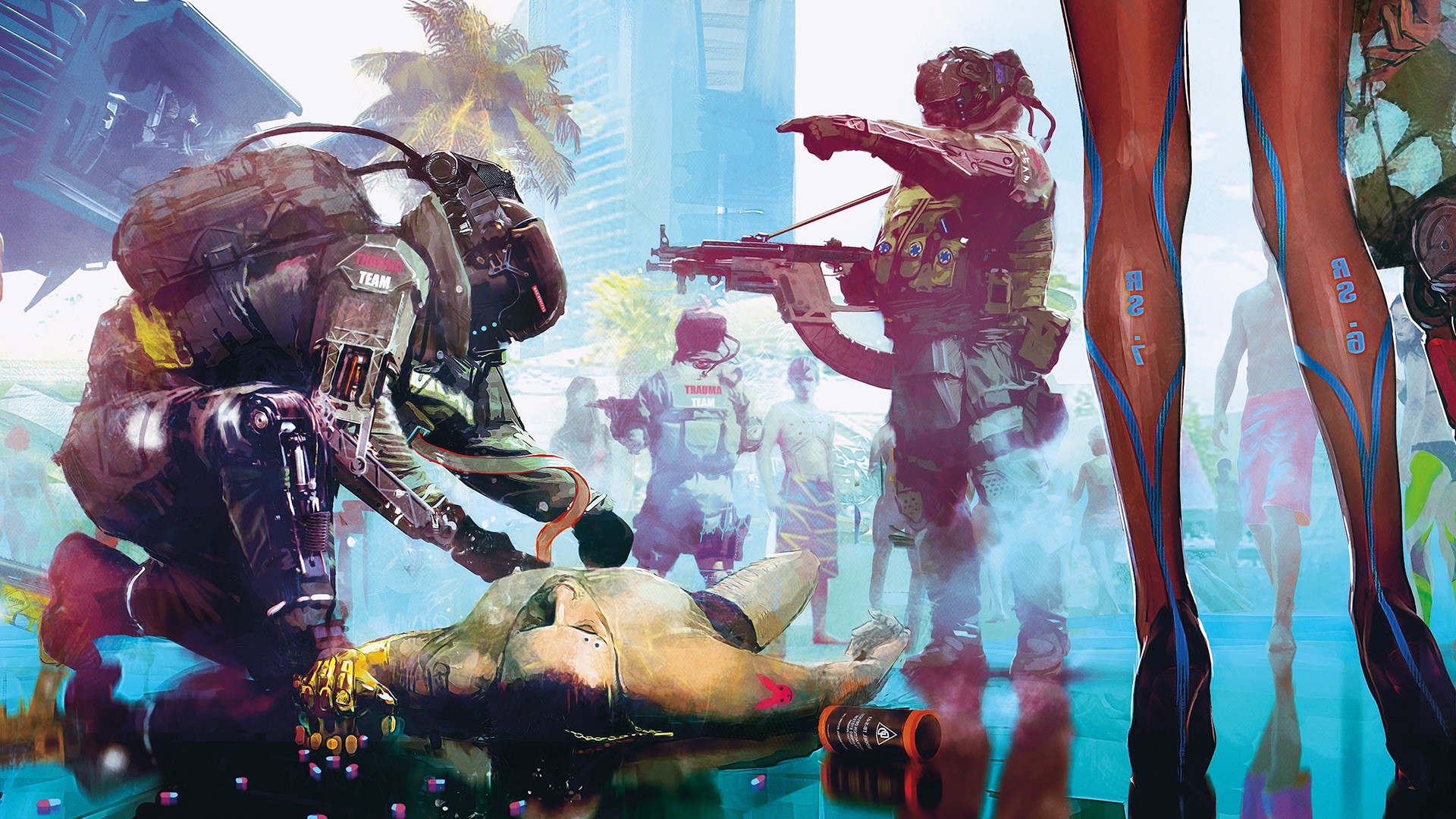 Cyberpunk 2077 characters in a crime scene HD Wallpaper