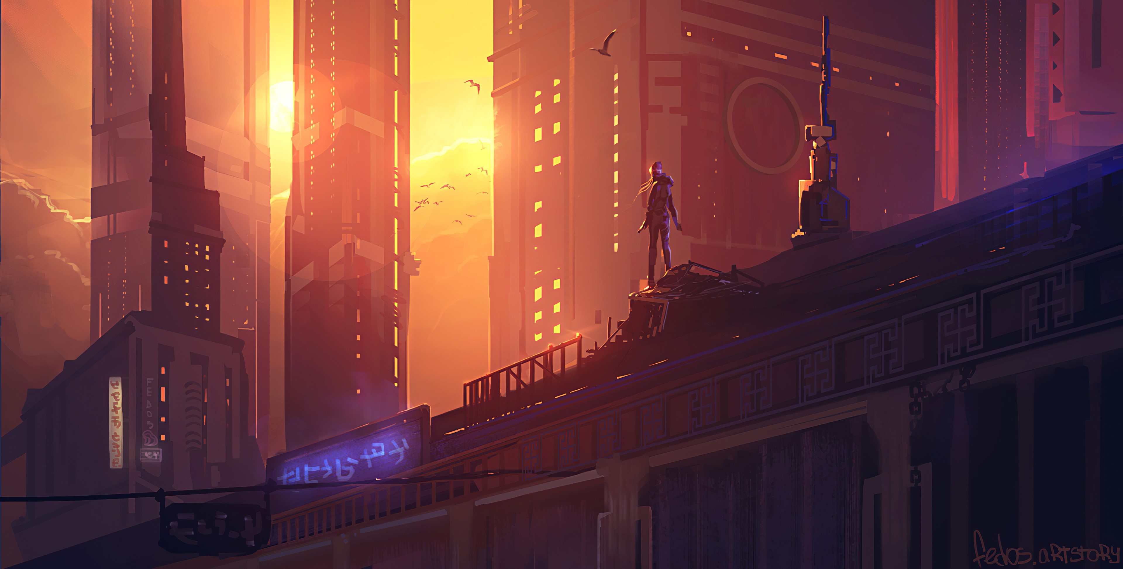 Cyberpunk cityscape with woman at sunset HD Wallpaper