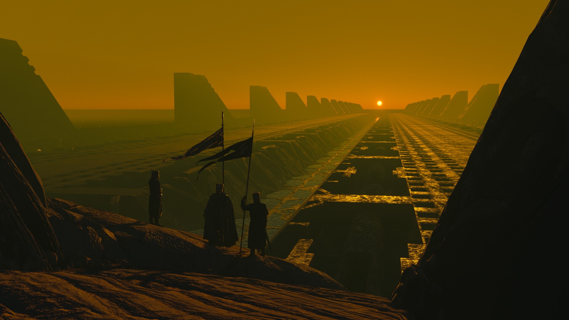 Knights with flags on a desolate alien landscape at sunset HD Wallpaper