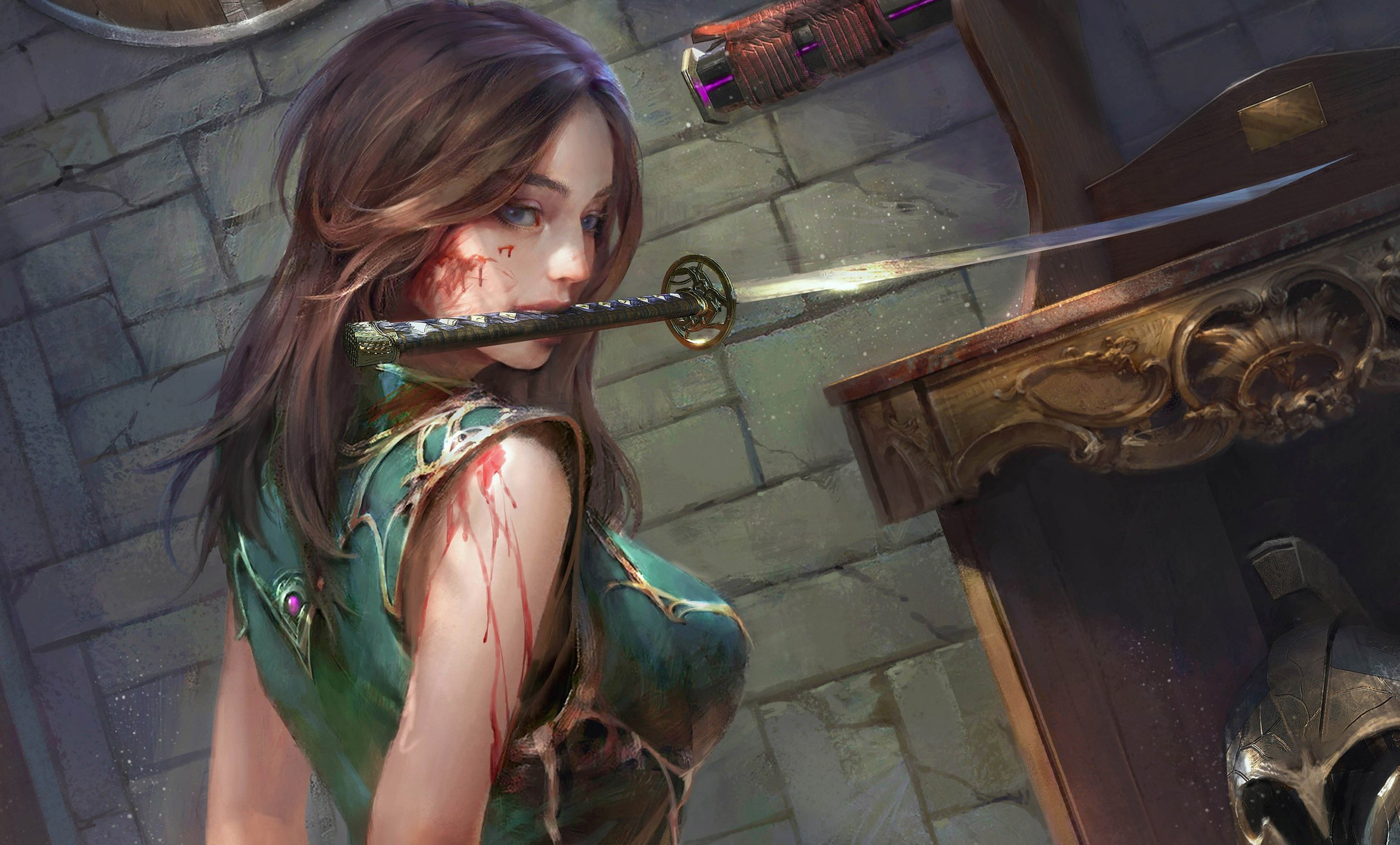 Fantasy Warrior Girl with Katana and Helmet HD Wallpaper