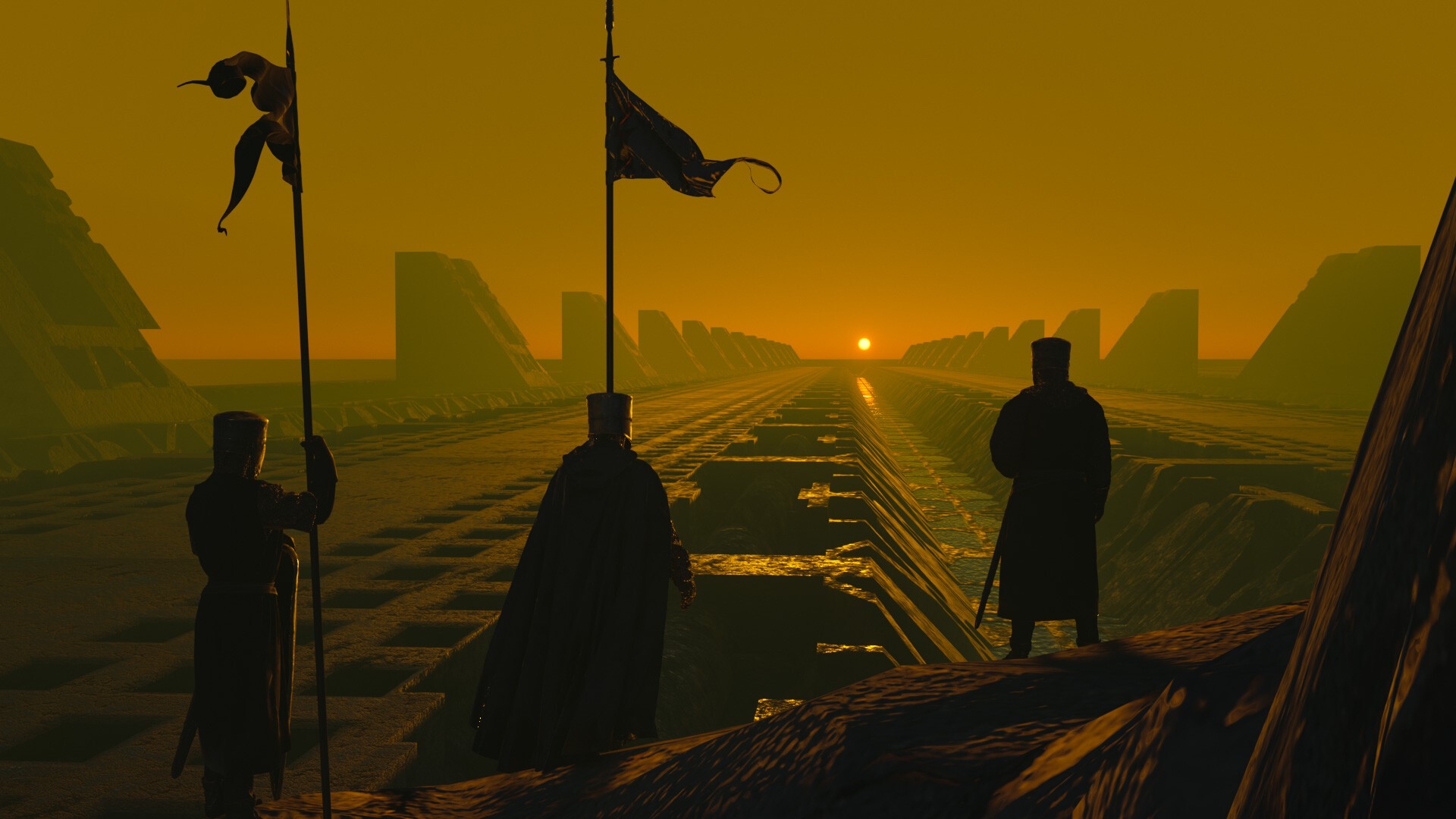Knights with flags at sunset HD Wallpaper