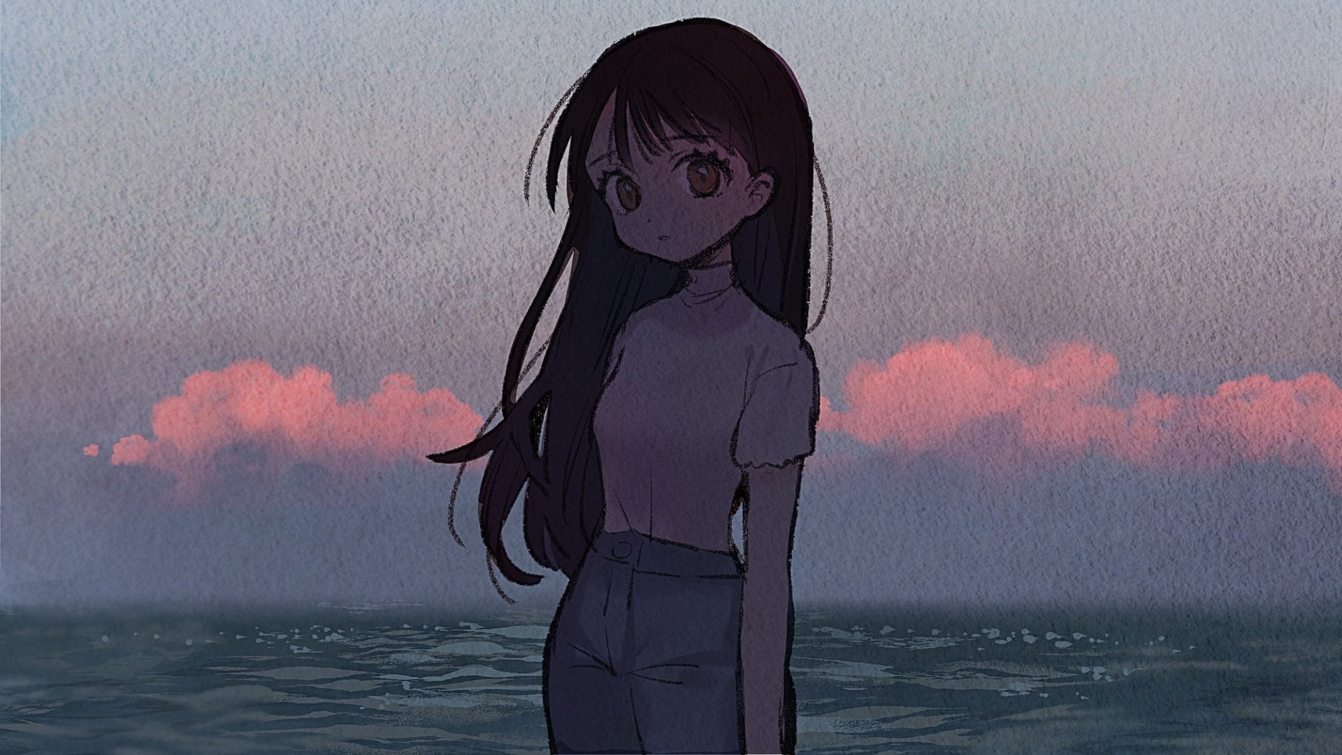 Anime girl standing by the sea at sunset HD Wallpaper