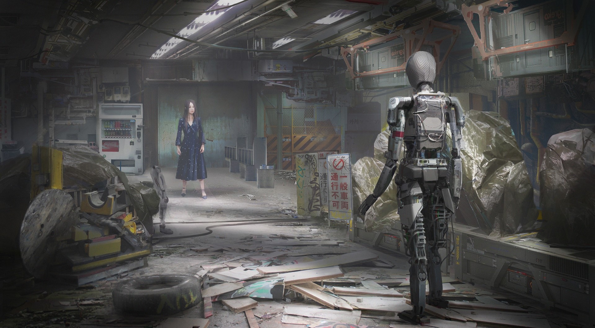 Robot and woman in a futuristic junkyard HD Wallpaper