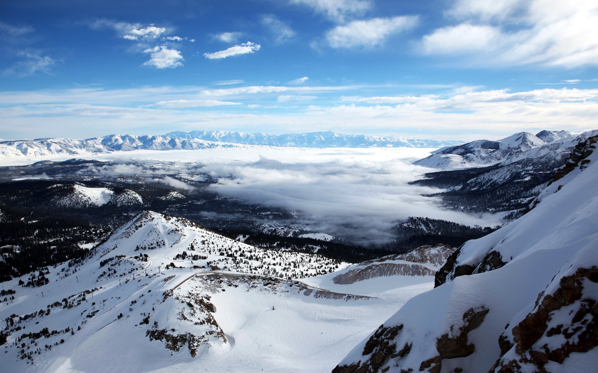 Snowy mountain range with clouds and blue sky HD Wallpaper