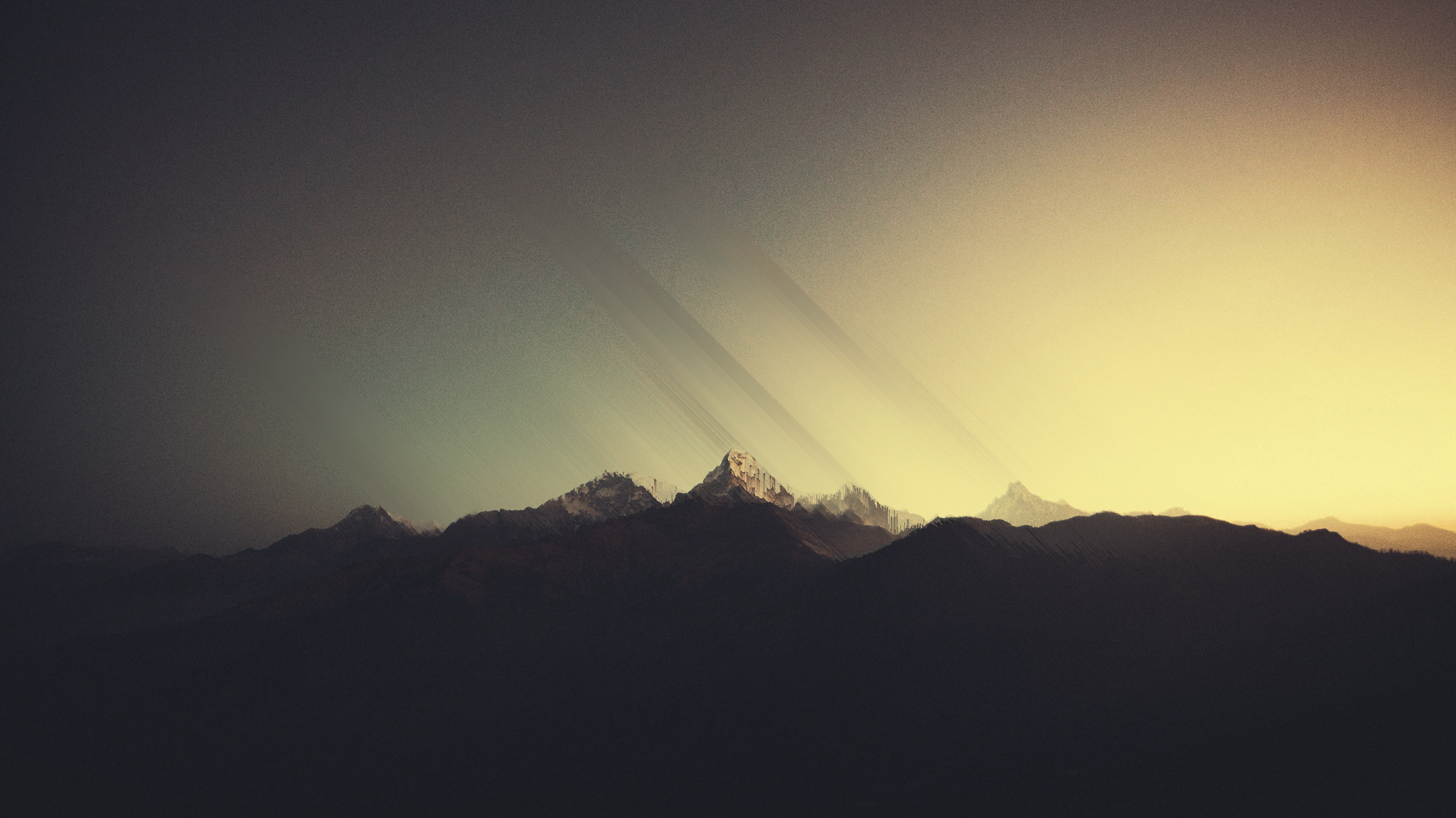 Dark mountains with glitch art effect and sun rays HD Wallpaper