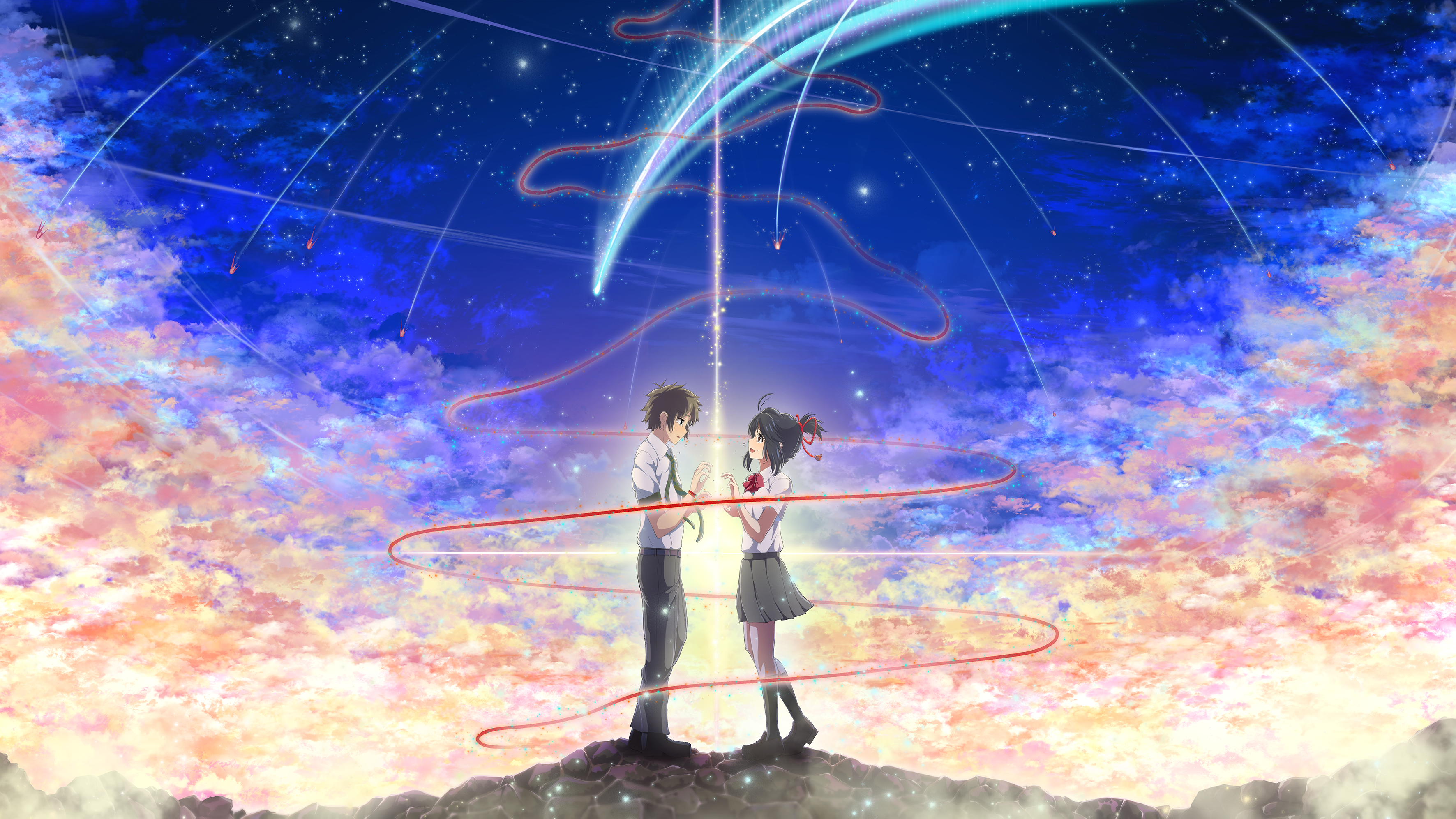 Couple with red ribbon and shooting stars in Kimi no Na Wa HD Wallpaper