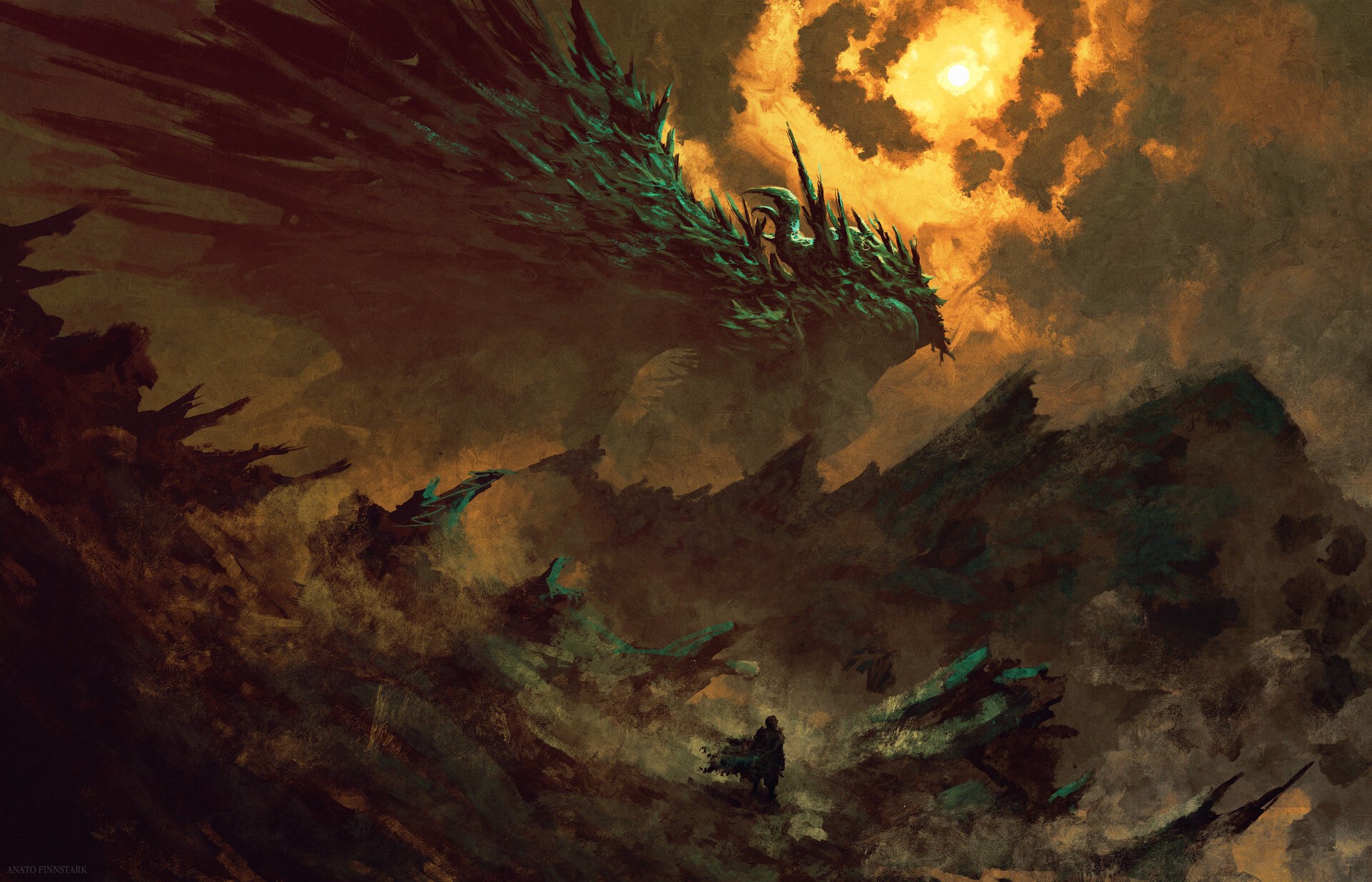 Dragon flying over a desolate landscape with a lone figure HD Wallpaper