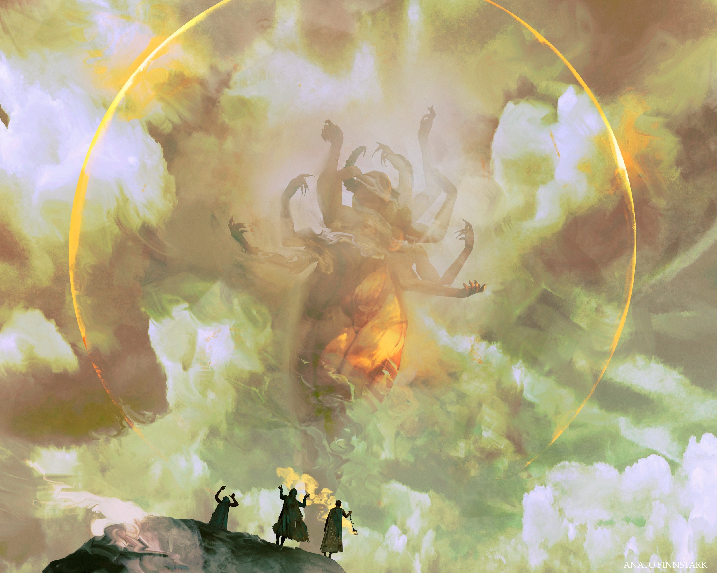 Fantasy art of a multi-armed creature and figures HD Wallpaper