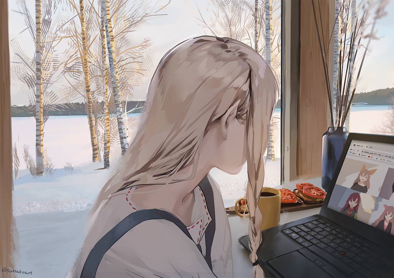 Girl on a video call in a snowy landscape HD Wallpaper