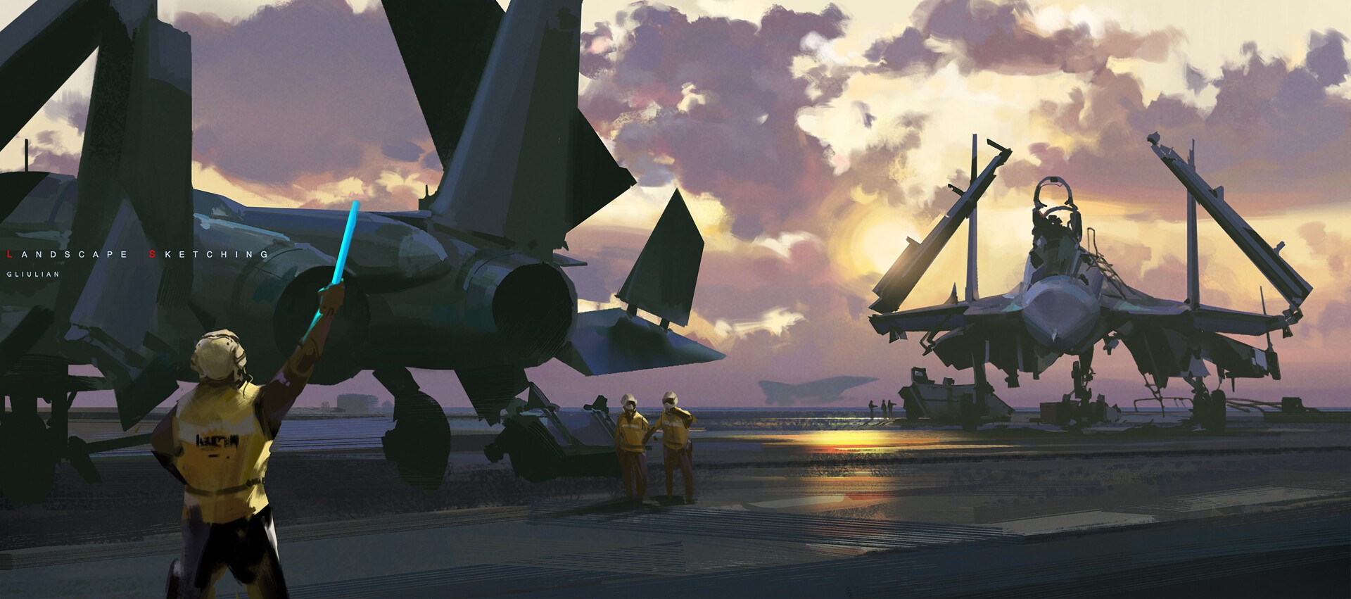 Aircraft on a flight deck at sunset HD Wallpaper