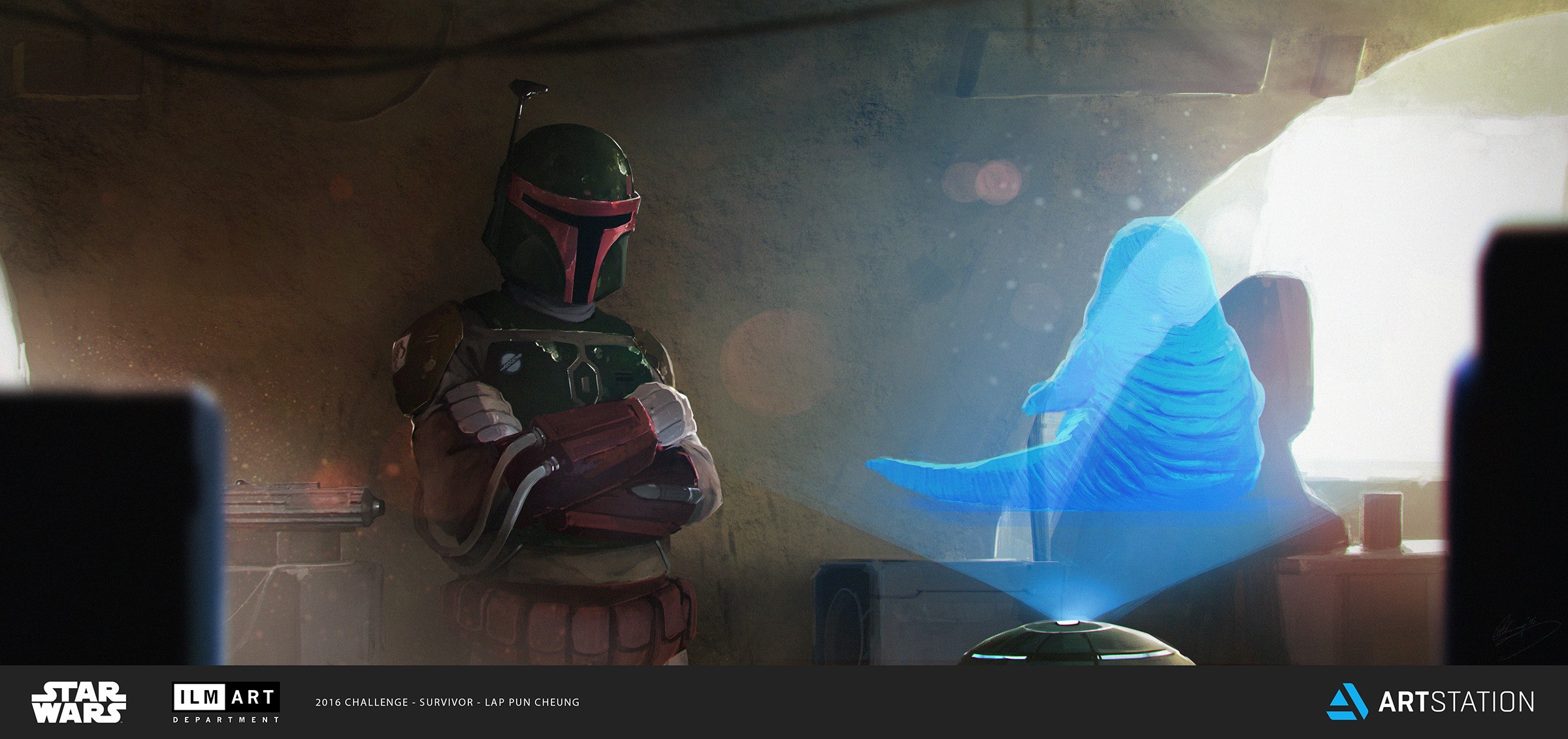Boba Fett from Star Wars and Jabba the Hutt hologram HD Wallpaper