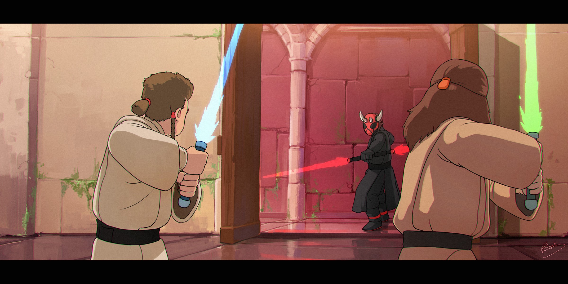Jedi and Darth Maul duel with lightsabers HD Wallpaper