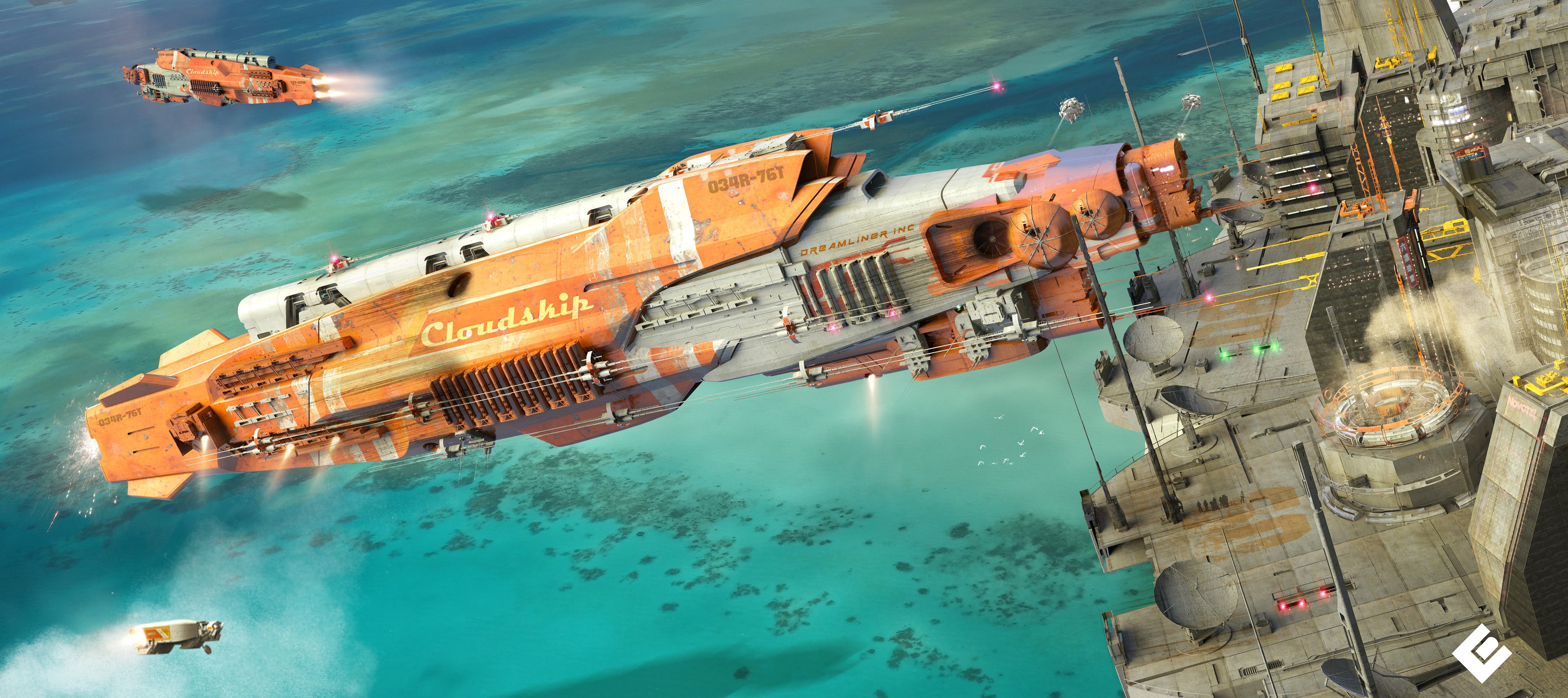 Cloudship and airships near a futuristic dock HD Wallpaper