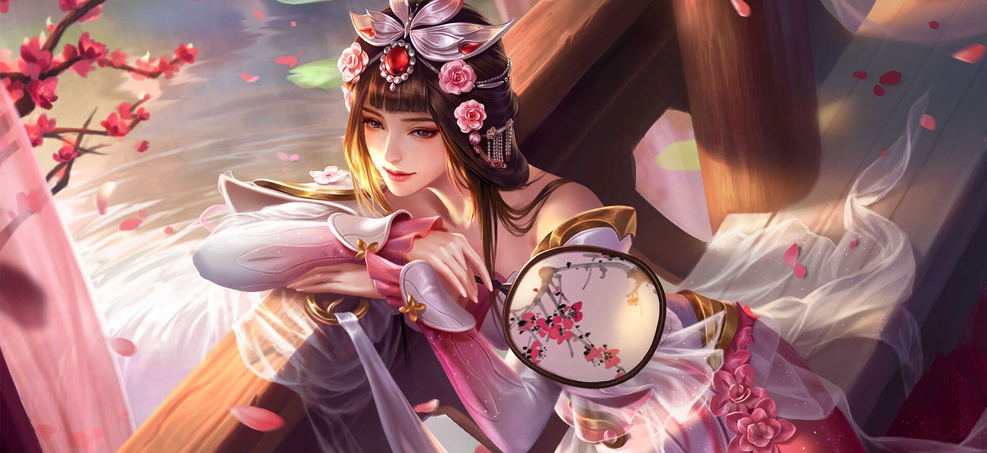 Fantasy girl with flowers and fan HD Wallpaper