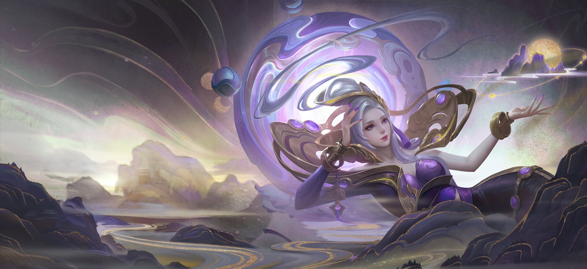 Anime girl with celestial orb and fantasy landscape HD Wallpaper