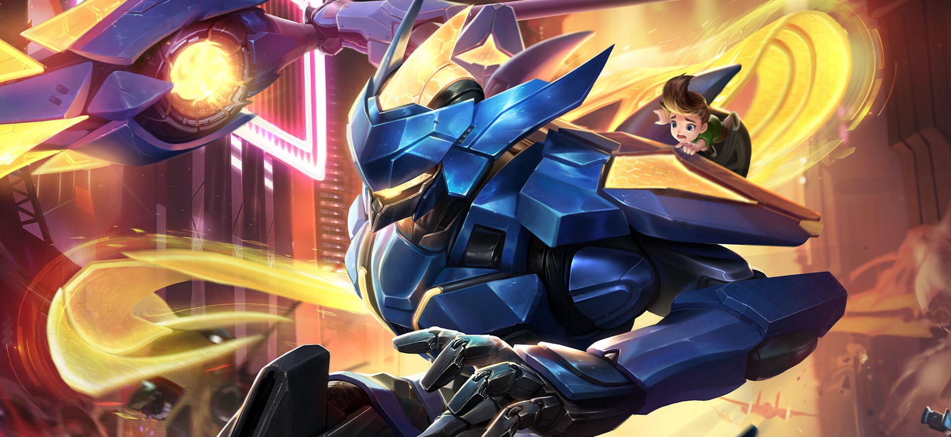 Blue mech with a boy riding on top HD Wallpaper