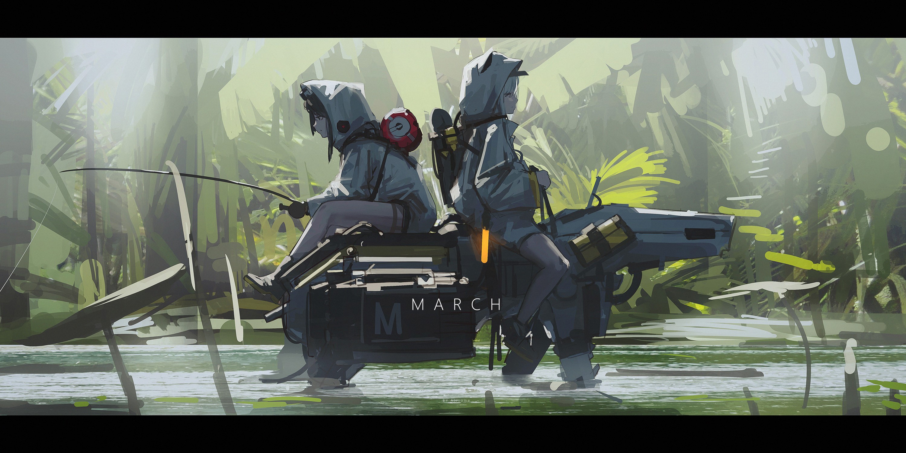 Two anime girls fishing in a futuristic jungle HD Wallpaper