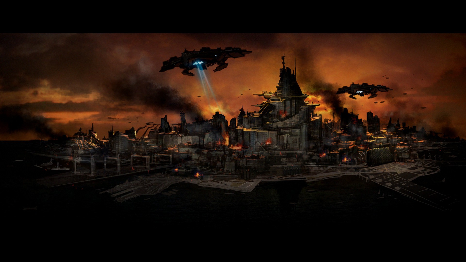 Spaceships attacking a burning city by the sea HD Wallpaper
