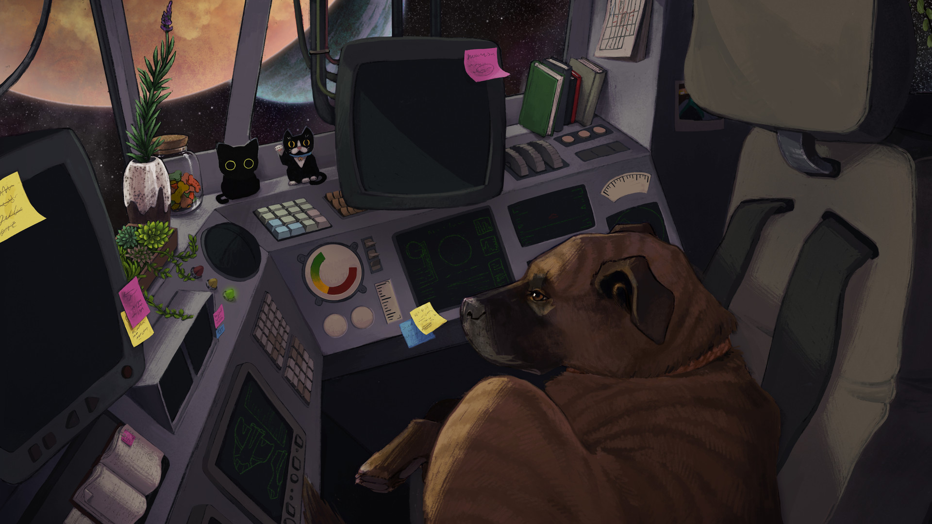 Dog in a spaceship cockpit with cats and plants HD Wallpaper