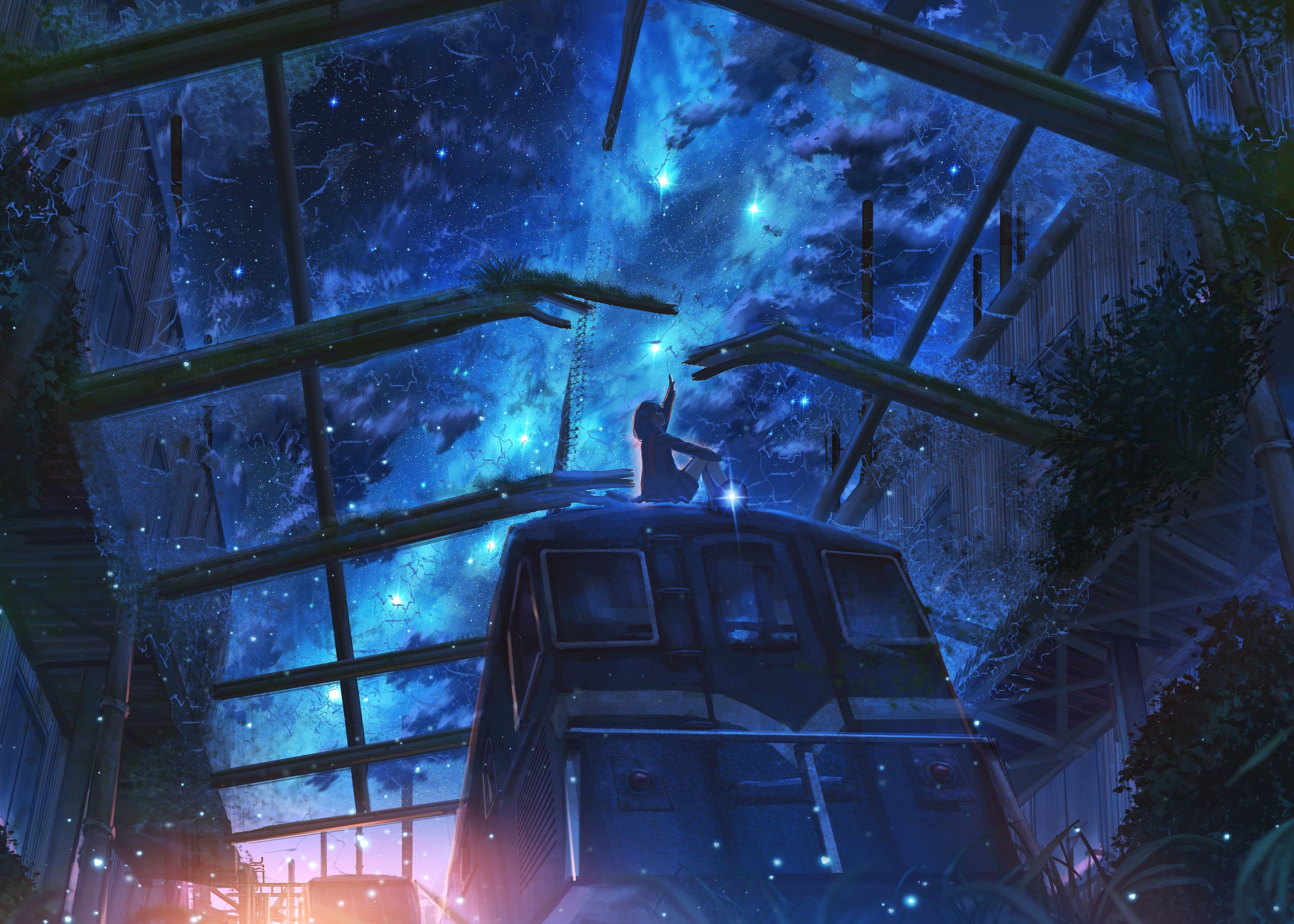 Anime girl sitting on a train under a starry sky HD Wallpaper