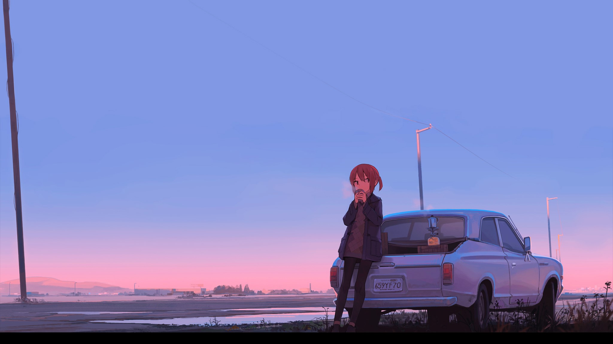 Anime girl with coffee by a car at sunset HD Wallpaper