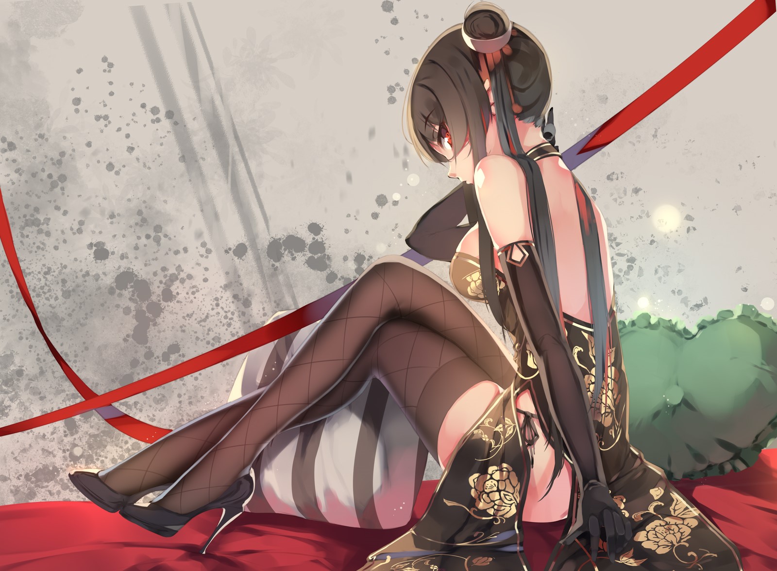 Anime girl with black hair and red eyes in a dress HD Wallpaper