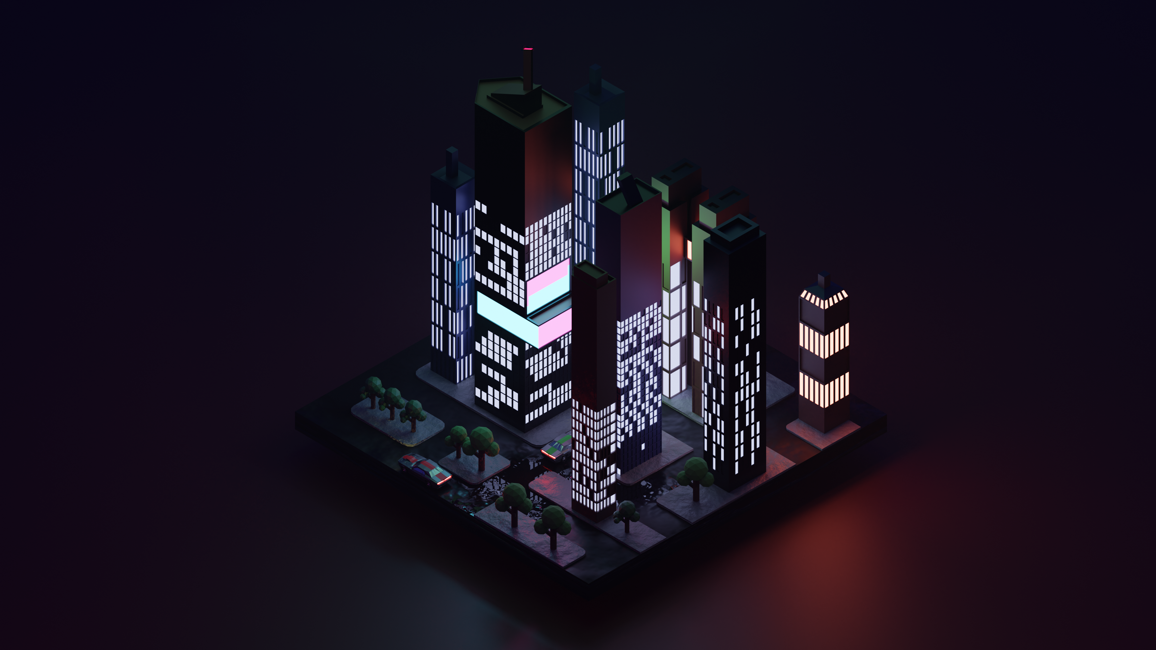 Isometric city diorama render with glowing skyscrapers HD Wallpaper