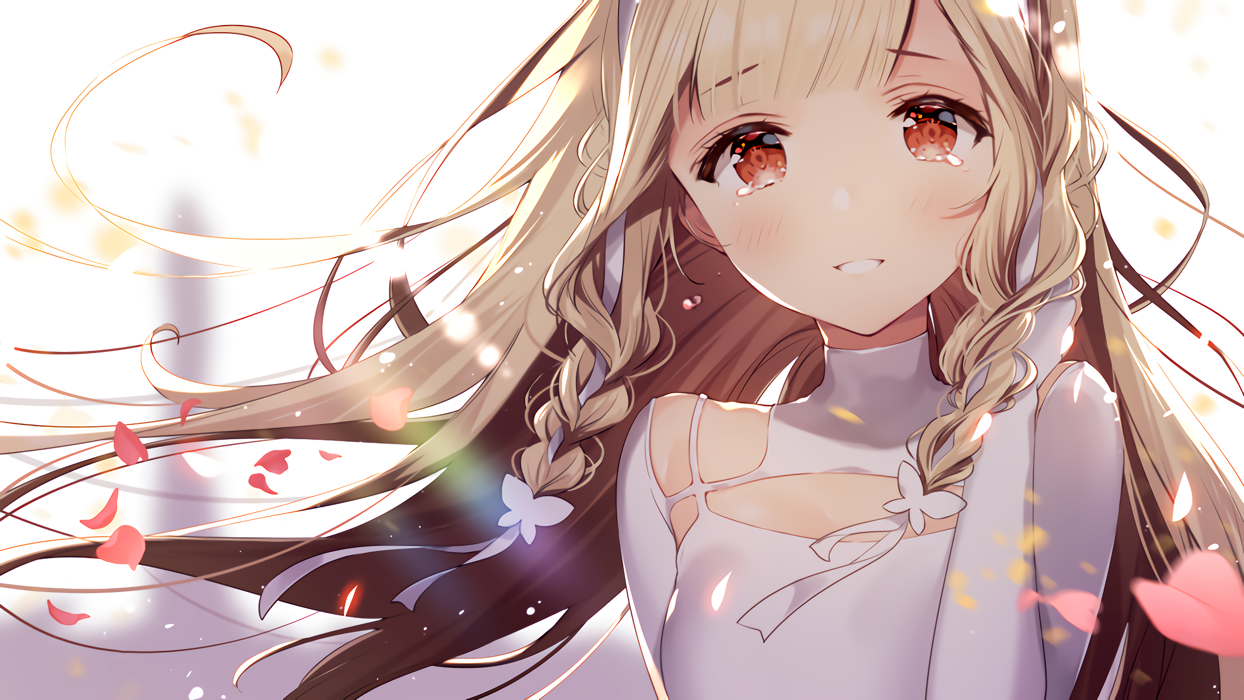 Anime girl with blonde braids and red eyes HD Wallpaper
