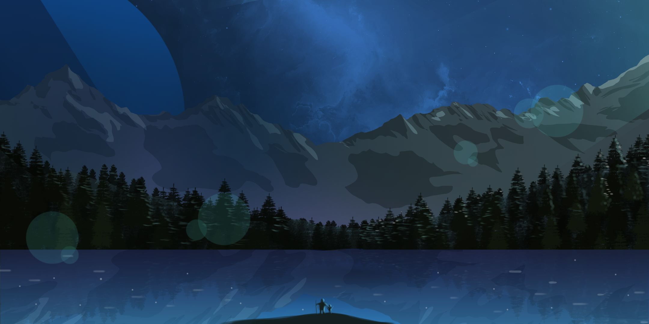 Night landscape with mountains, forest, and lake HD Wallpaper