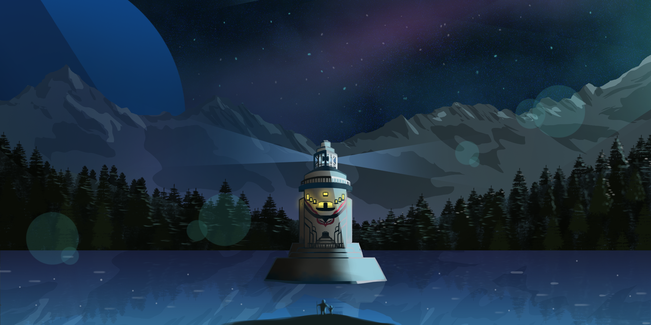 Lighthouse on a lake under a starry sky with mountains HD Wallpaper