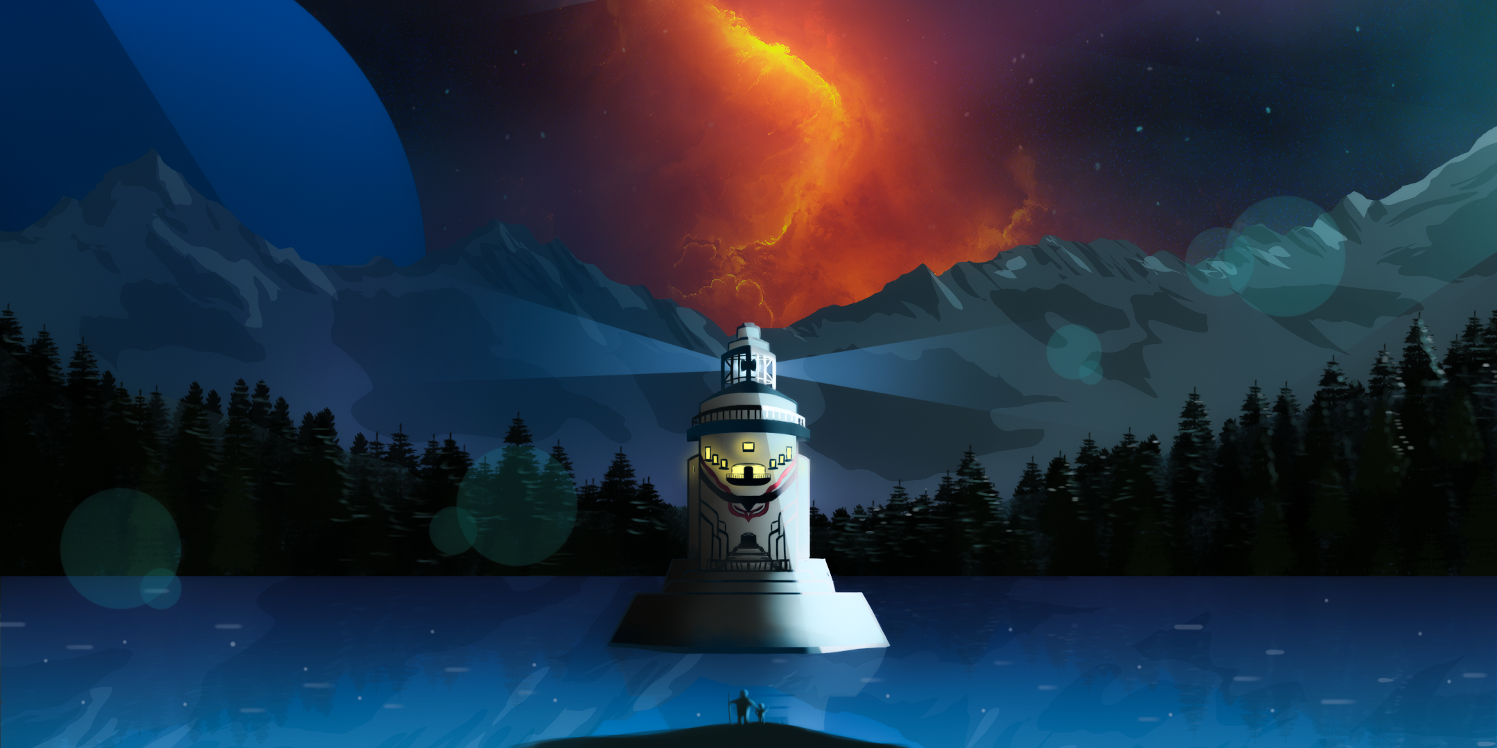 Lighthouse in a cosmic landscape with mountains and forest HD Wallpaper