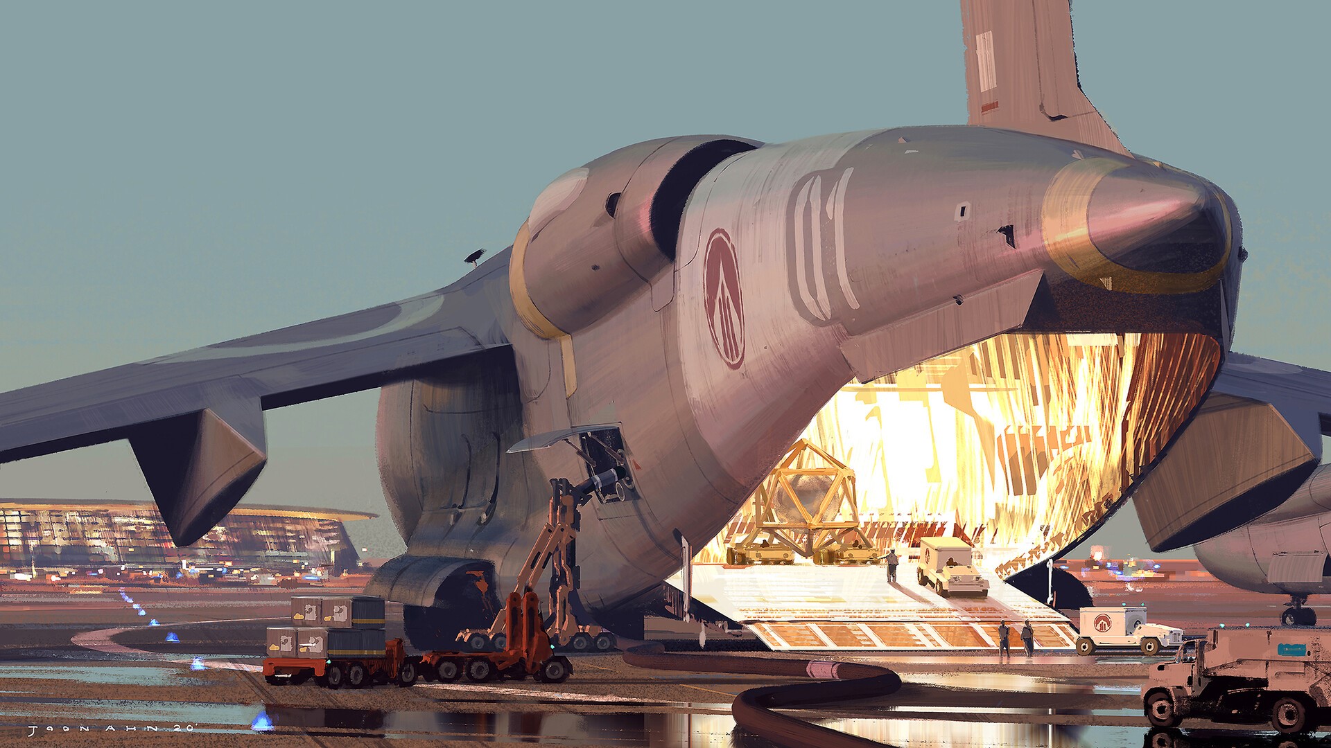 Futuristic cargo aircraft being loaded at an airport HD Wallpaper