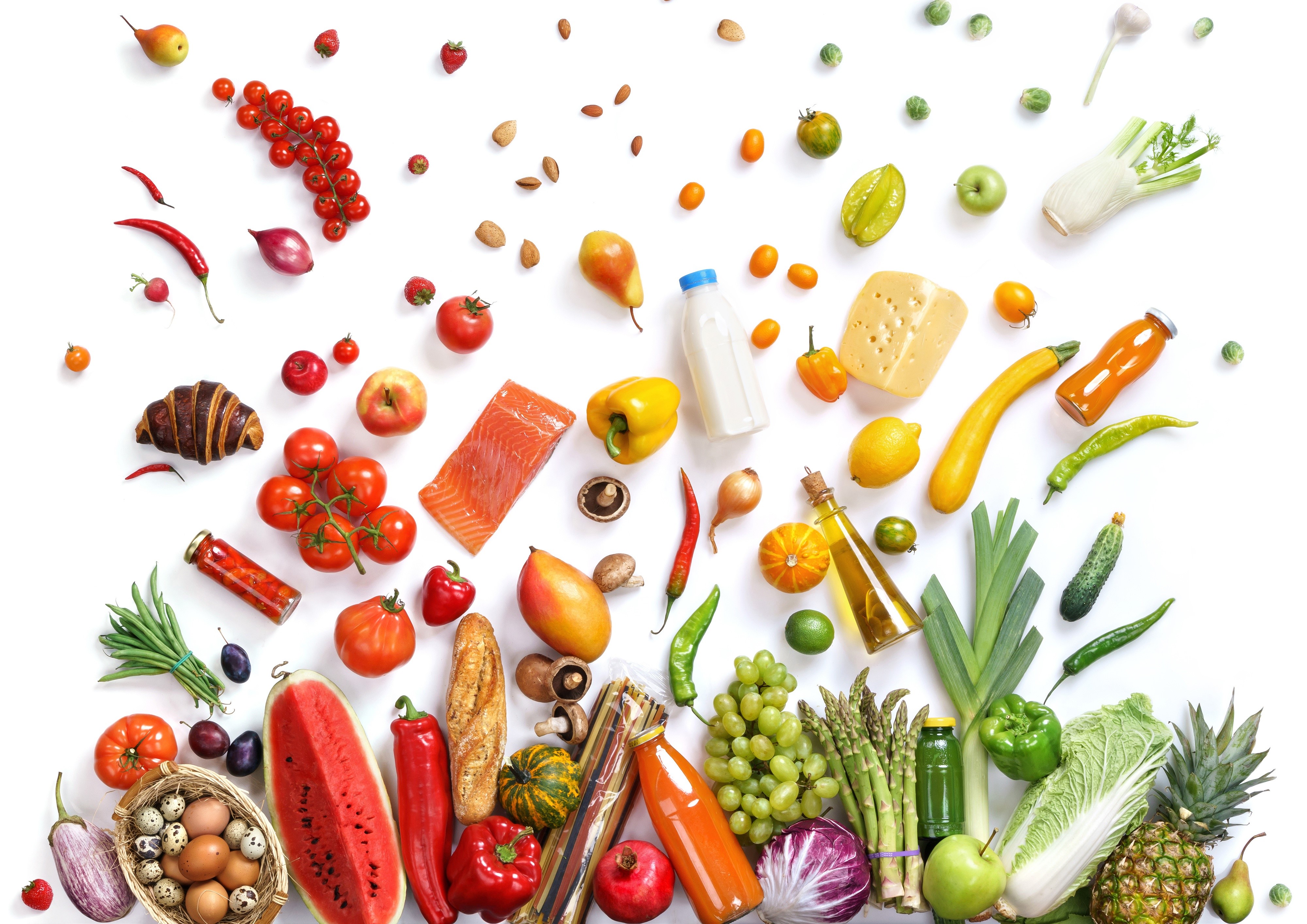 Assortment of Fresh Fruits, Vegetables, and Food Items HD Wallpaper