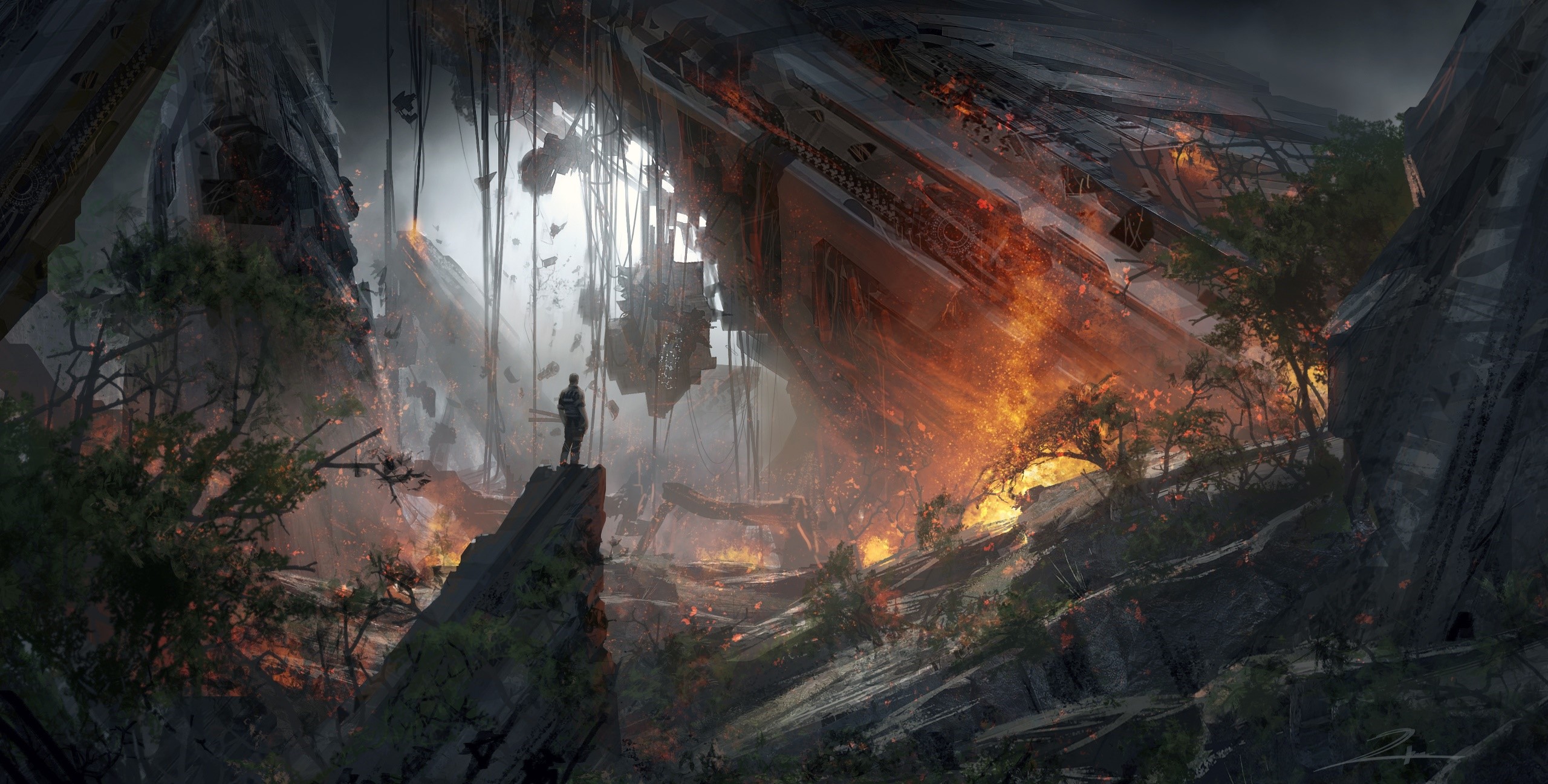 Pilot overlooking a destroyed ship in Titanfall 2 HD Wallpaper