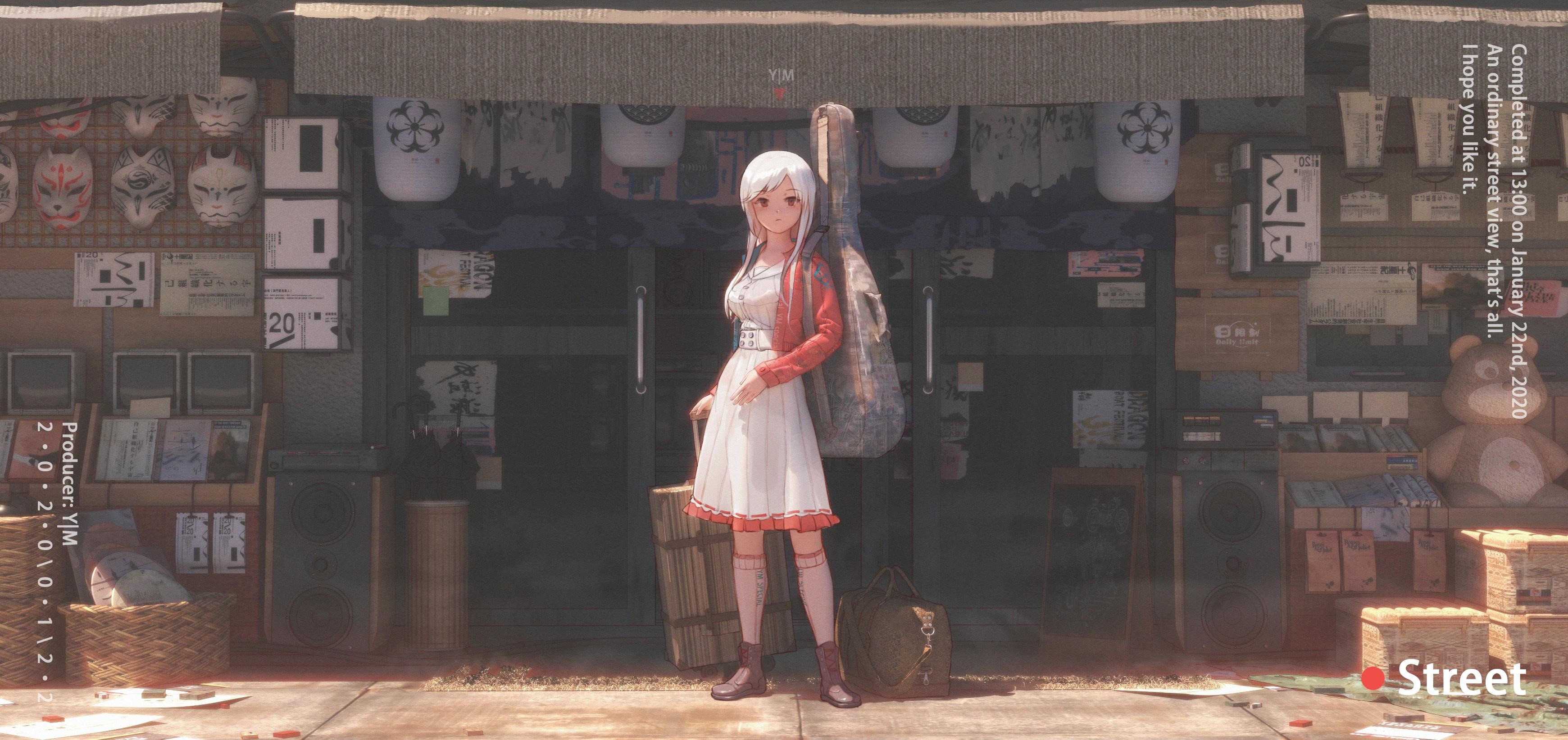 Anime girl with guitar in front of a shop HD Wallpaper