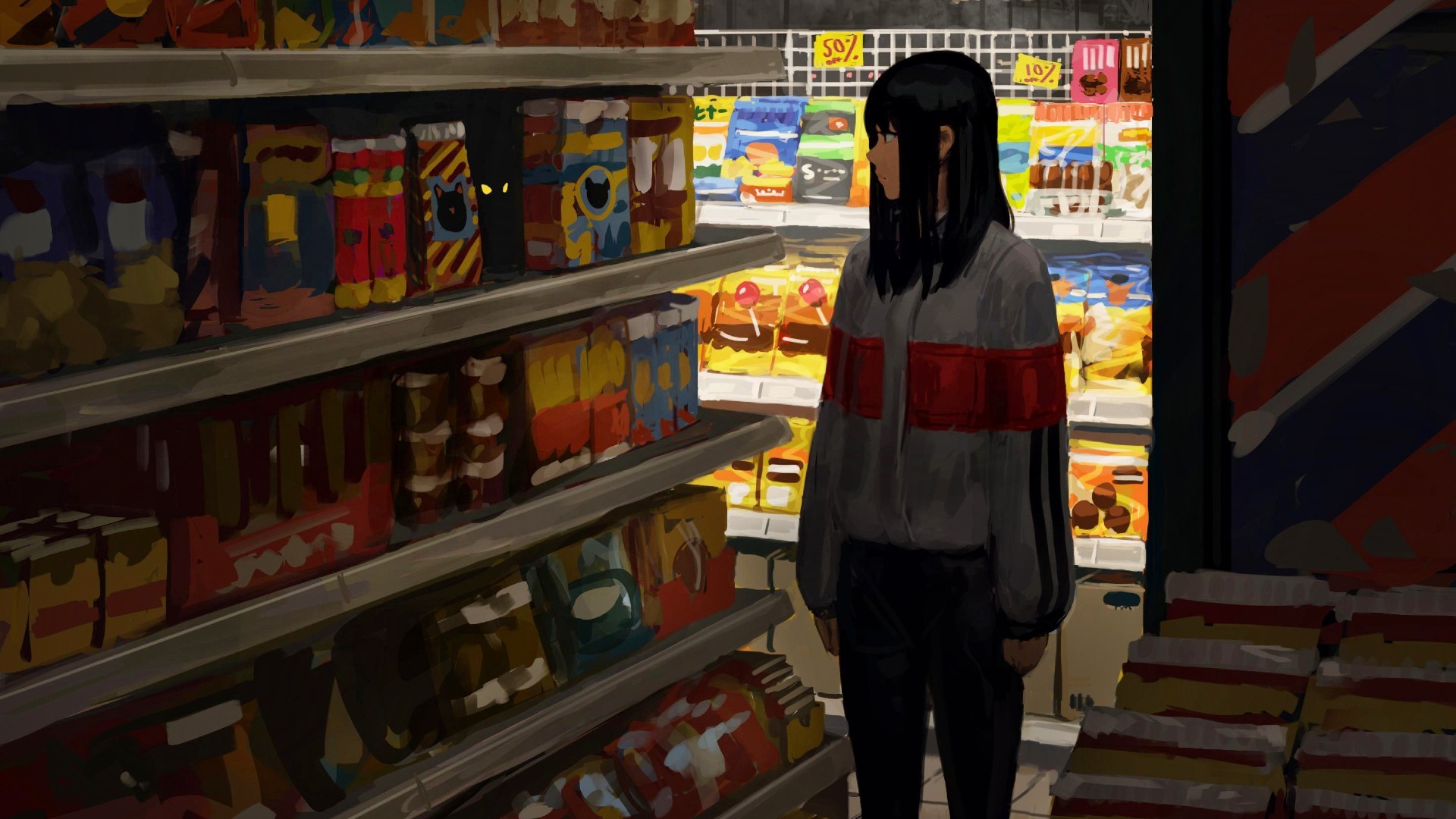Girl in convenience store aisle HD Wallpaper