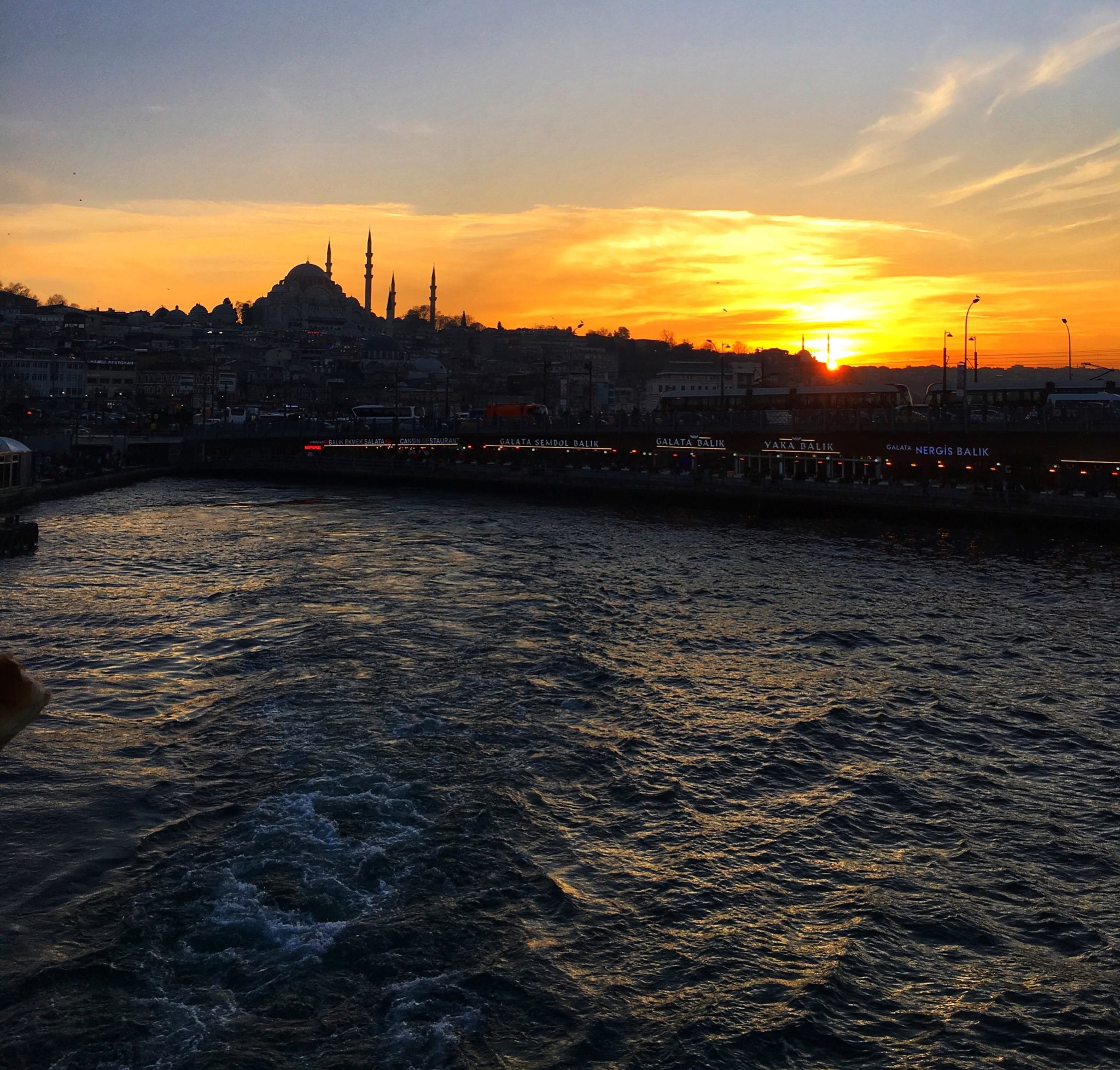 Sunset over Istanbul with Galata Bridge and Bosphorus HD Wallpaper